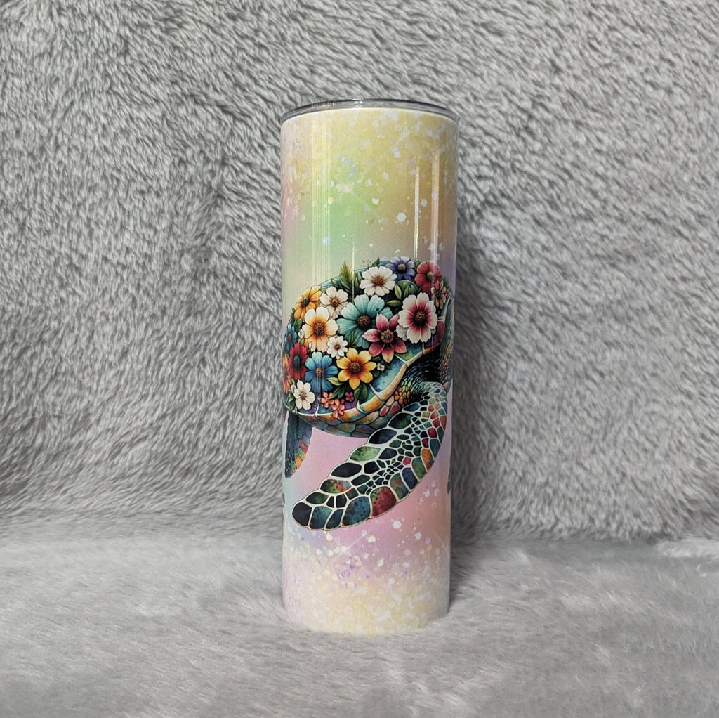 Floral Sea Turtle Tumbler 20oz Tumber With Reusable Straw, Can Be Personalized