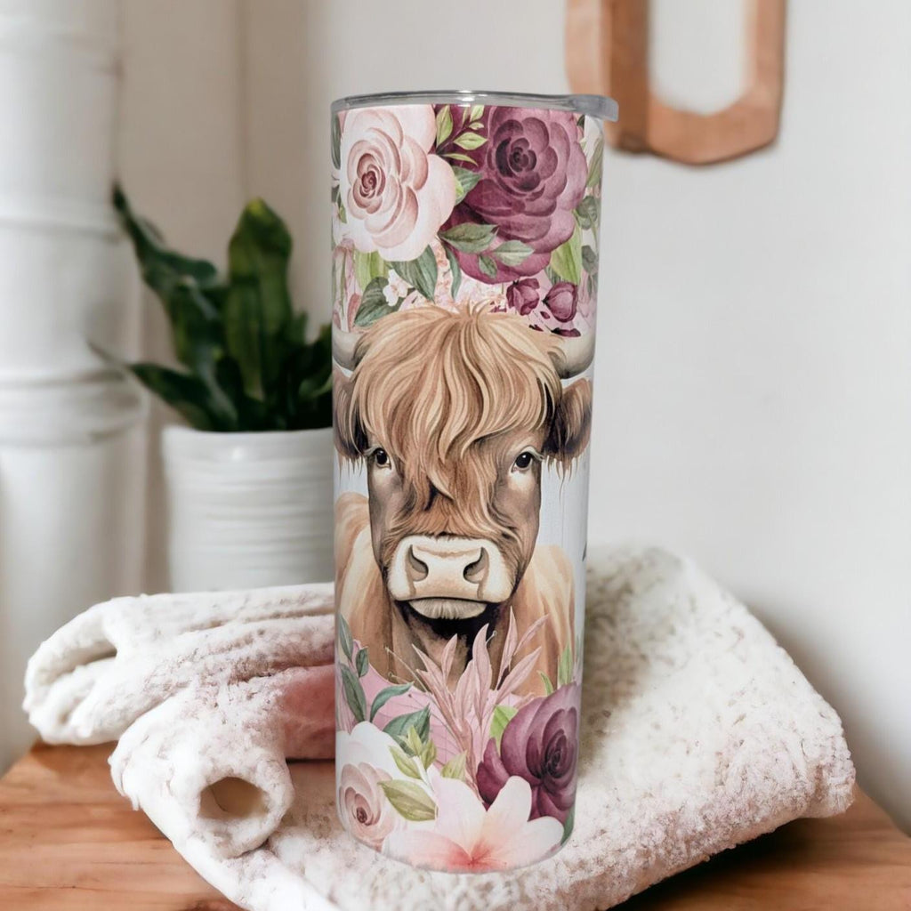 Floral Highland Cow Tumbler 20oz With Reusable Straw, Can Be Personalized