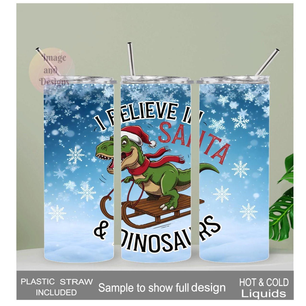 Christmas Dinosaur Tumbler 20oz With Reusable Straw, Can Be Personalized