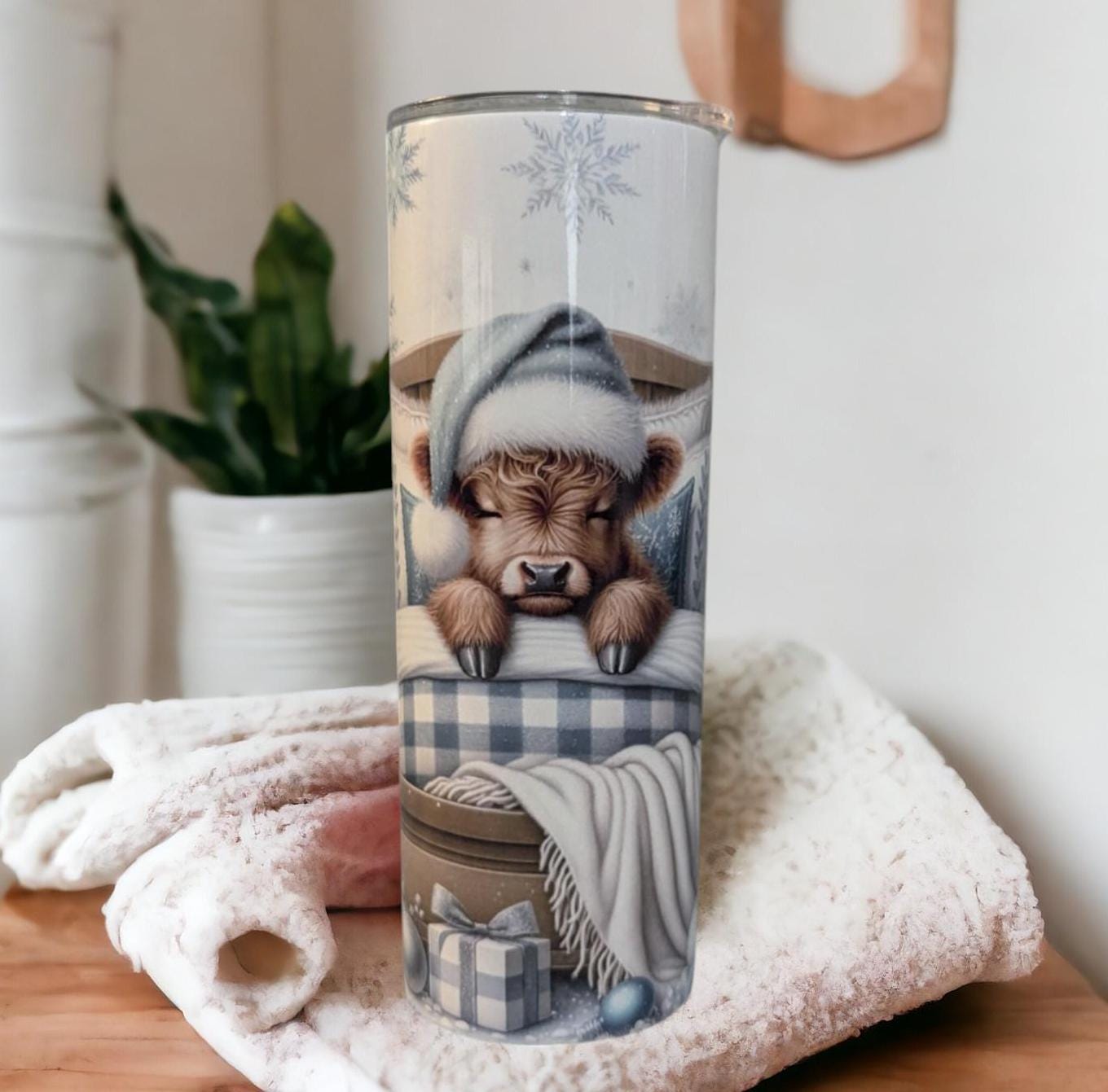 Winter Highland Cow Tumbler 20oz With Reusable Straw, Can Be Personalized