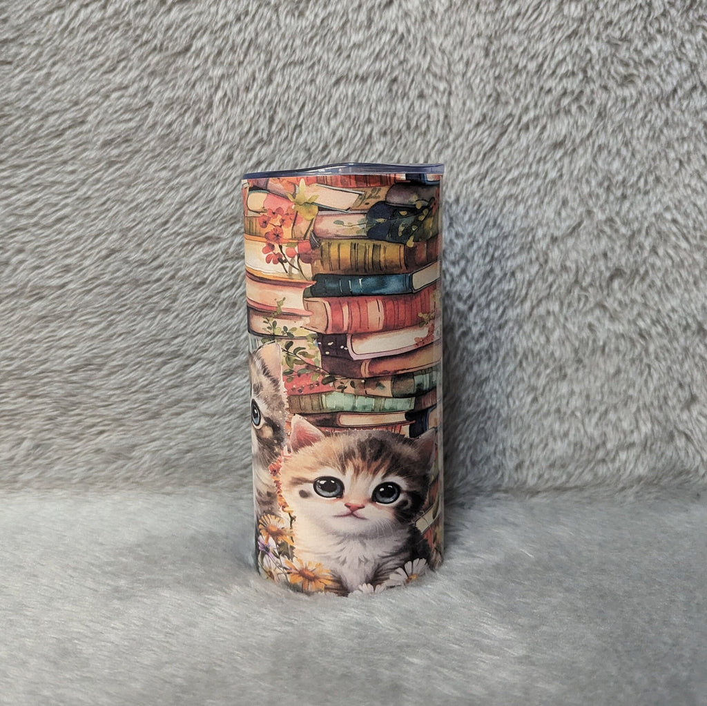 Kitten and Books Tumbler 15oz Tumber With Reusable Straw, Can Be Personalized