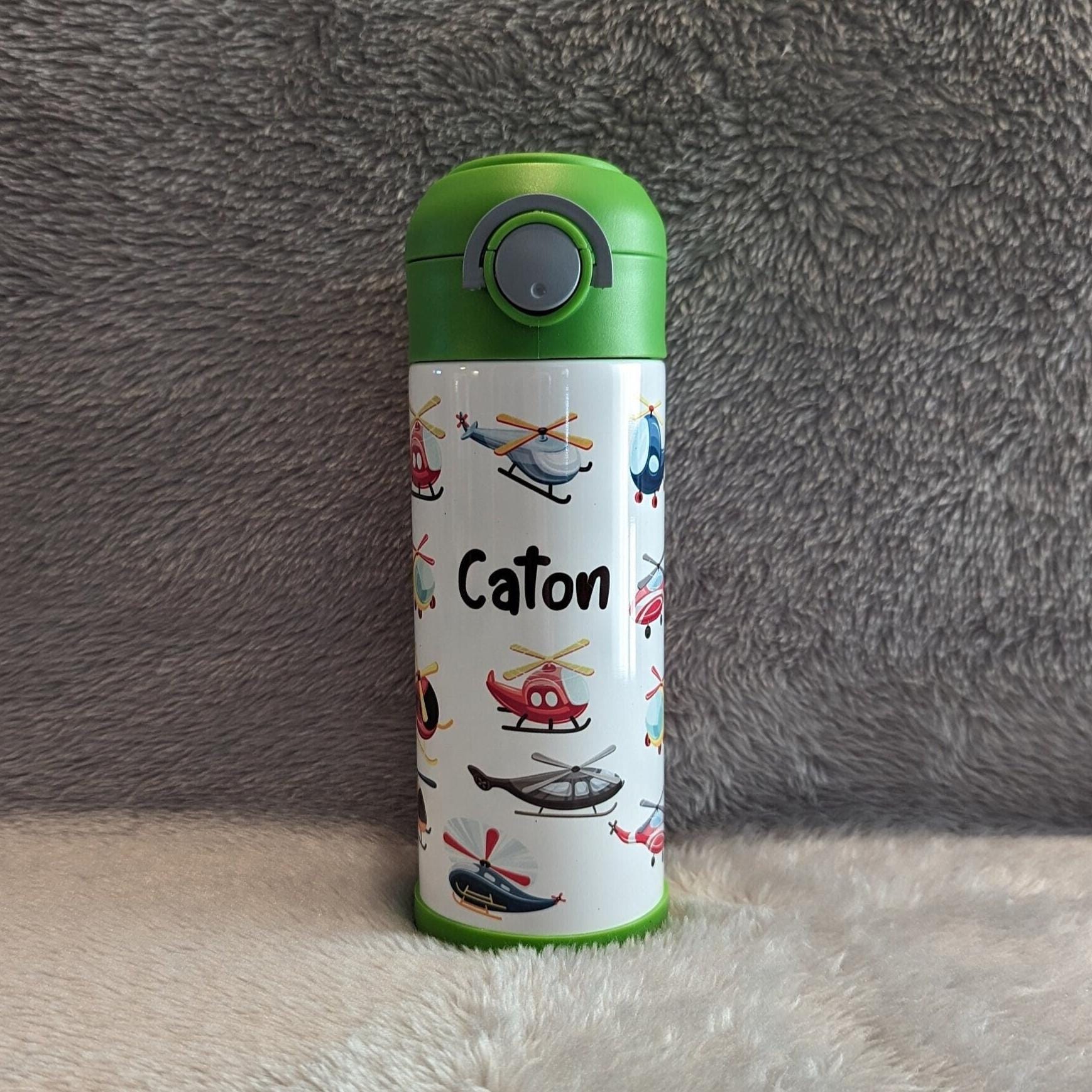 Kids Helicopter Water Bottle 12oz With Reusable Straw, Can Be Personalized