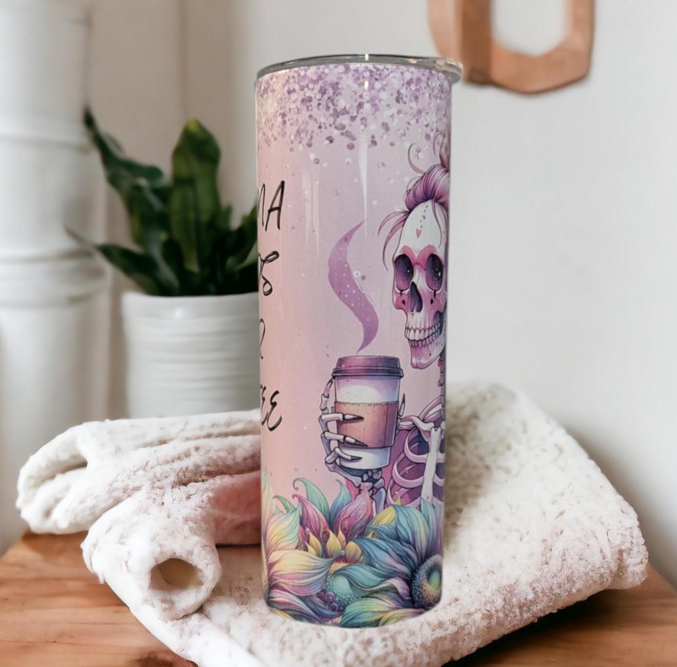 Mama Needs Her Coffee Skeleton Girl Tumbler With A Glitter Design 20oz With Reusable Straw, Can Be Personalized