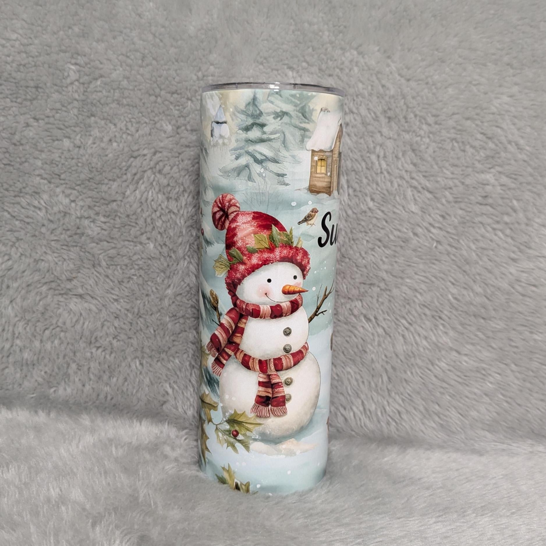 Festive Snowman Tumbler 20oz With Reusable Straw, Can Be Personalized