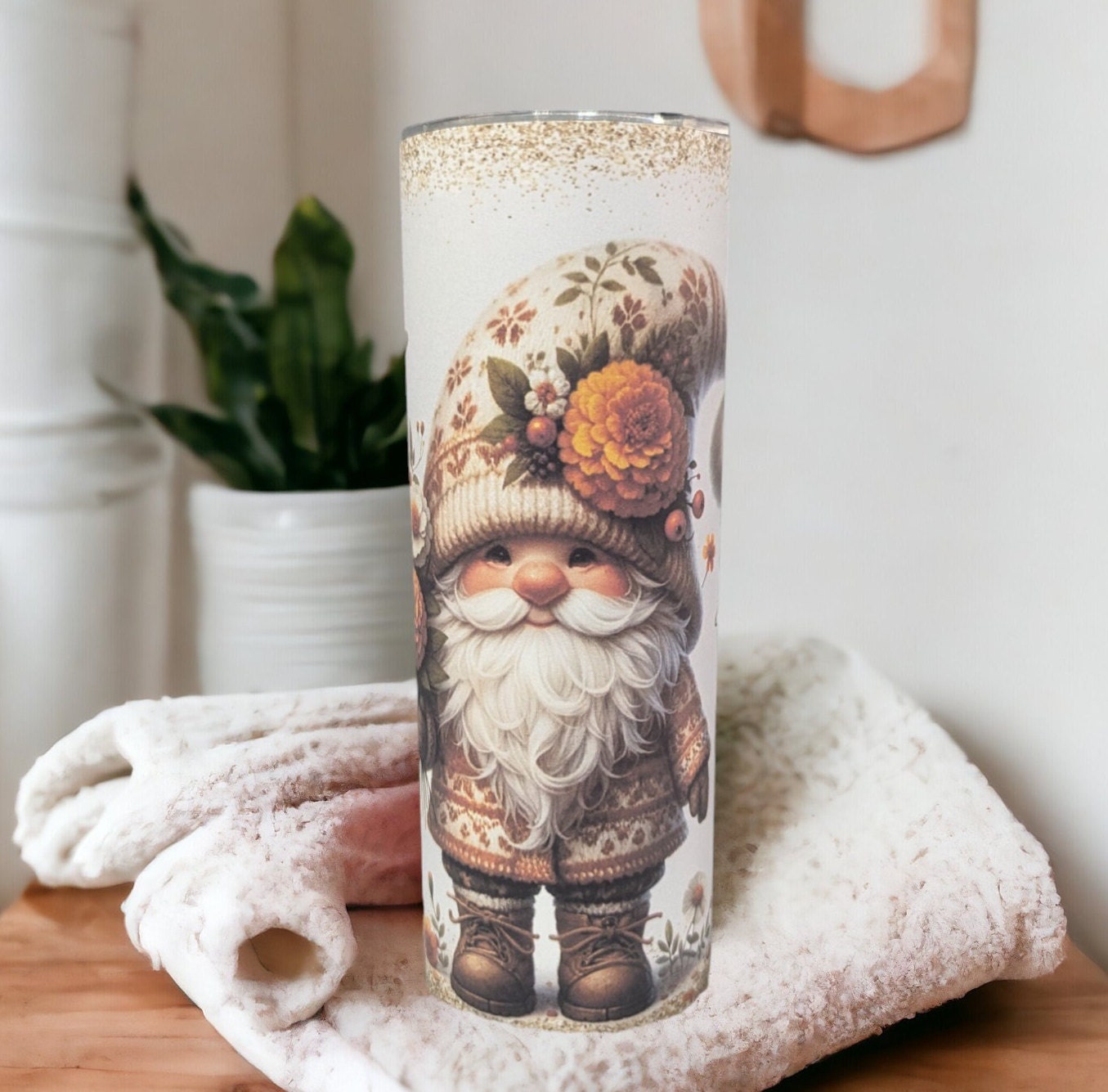 Gnome Tumbler With A Cute Gnome and A Glitter Design 20oz With Reusable Straw, Can Be Personalized