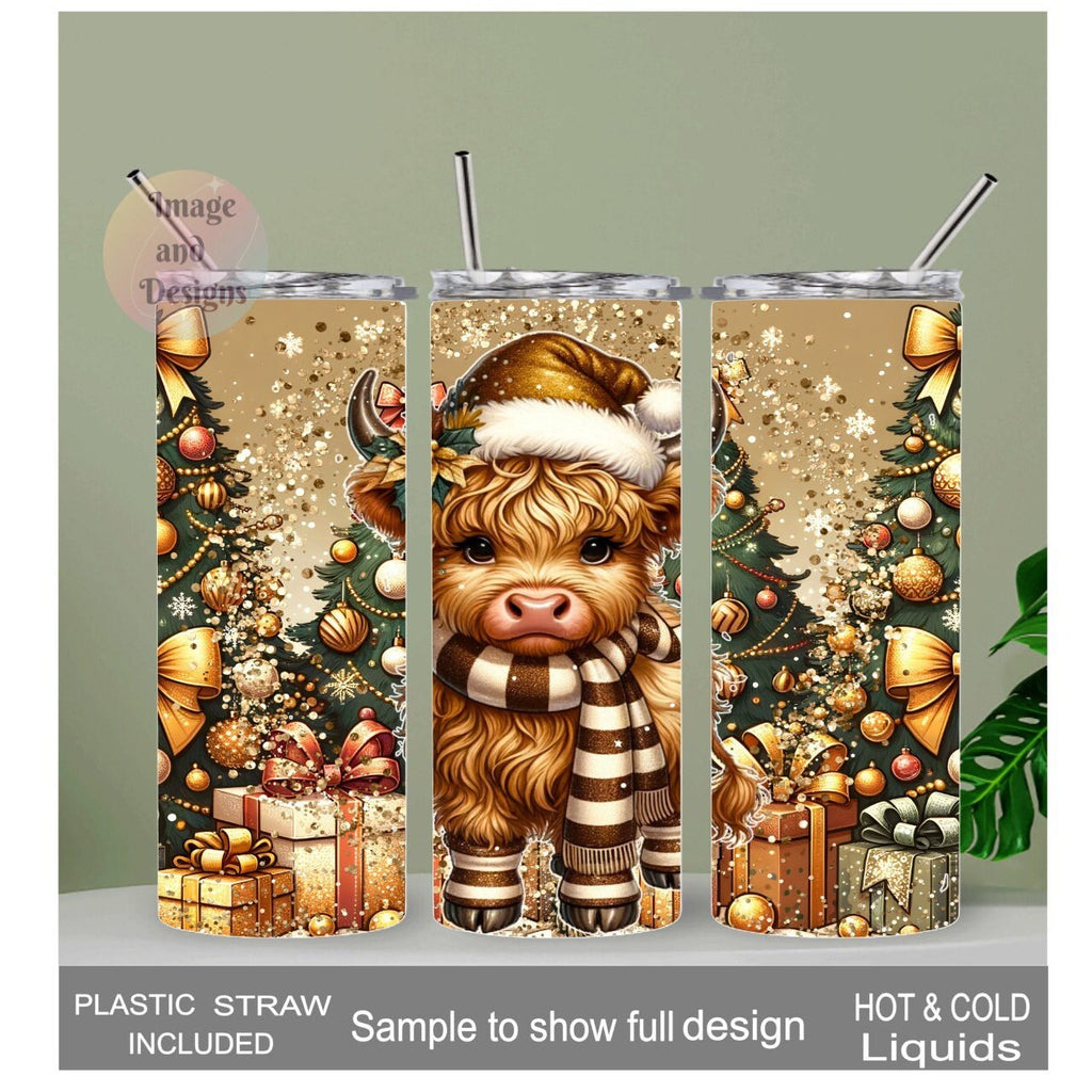 Adorable Highland Cow Christmas Tumbler 20oz With Reusable Straw, Can Be Personalized