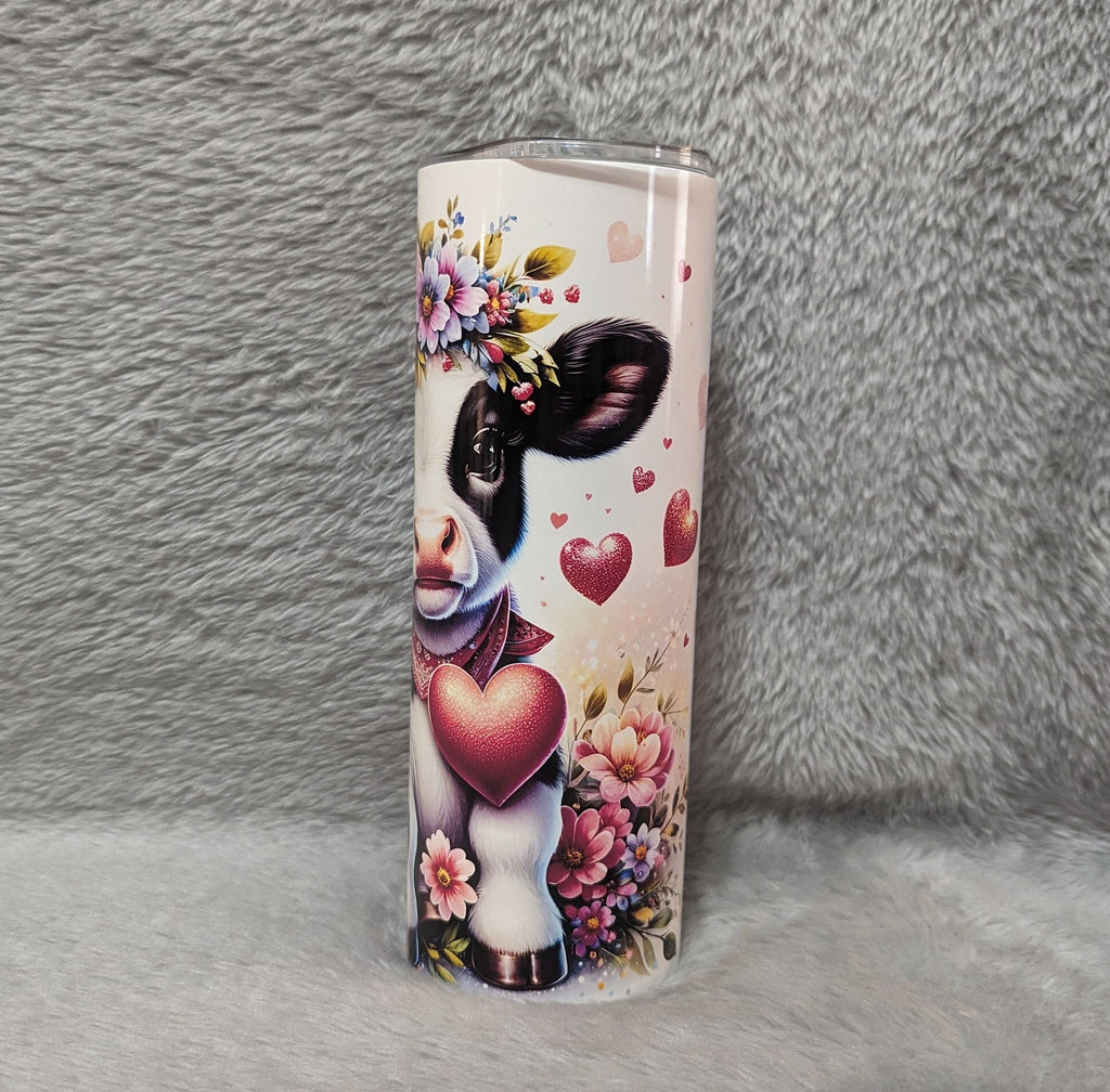 Floral Cow Tumbler 20oz With Reusable Straw, Can Be Personalized