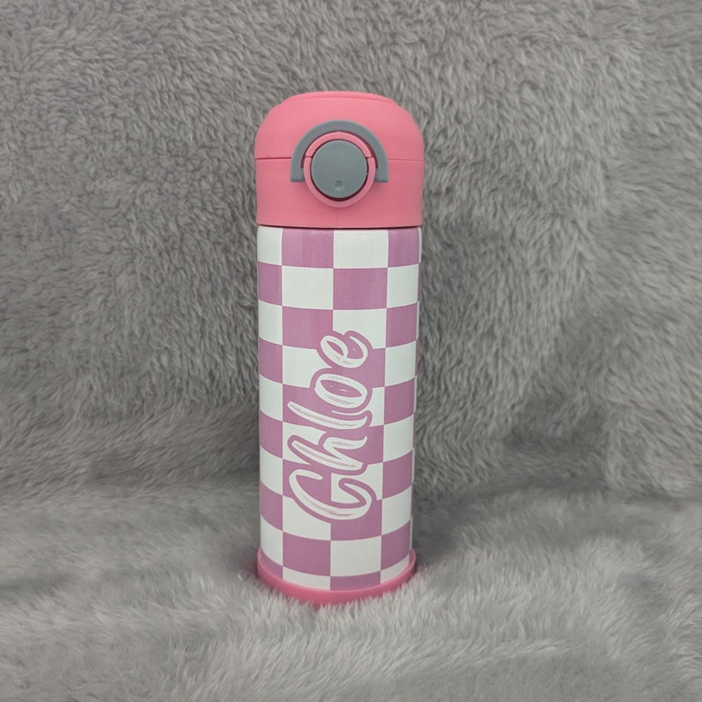 Kids Checkered Water Bottle 12oz With Reusable Straw Can Be Personalized