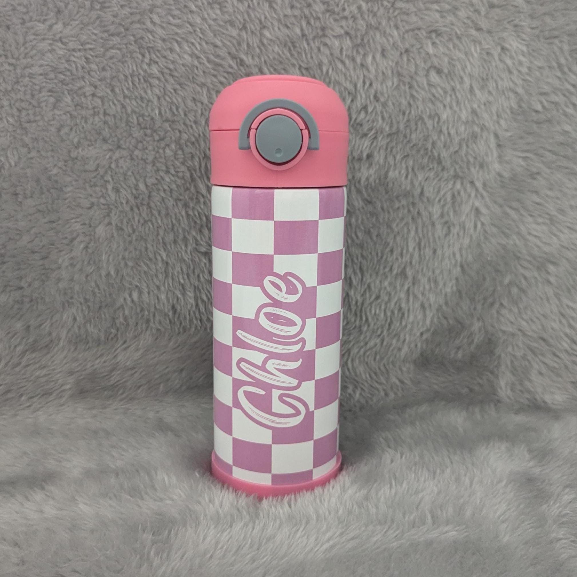 Kids Checkered Water Bottle 12oz With Reusable Straw Can Be Personalized