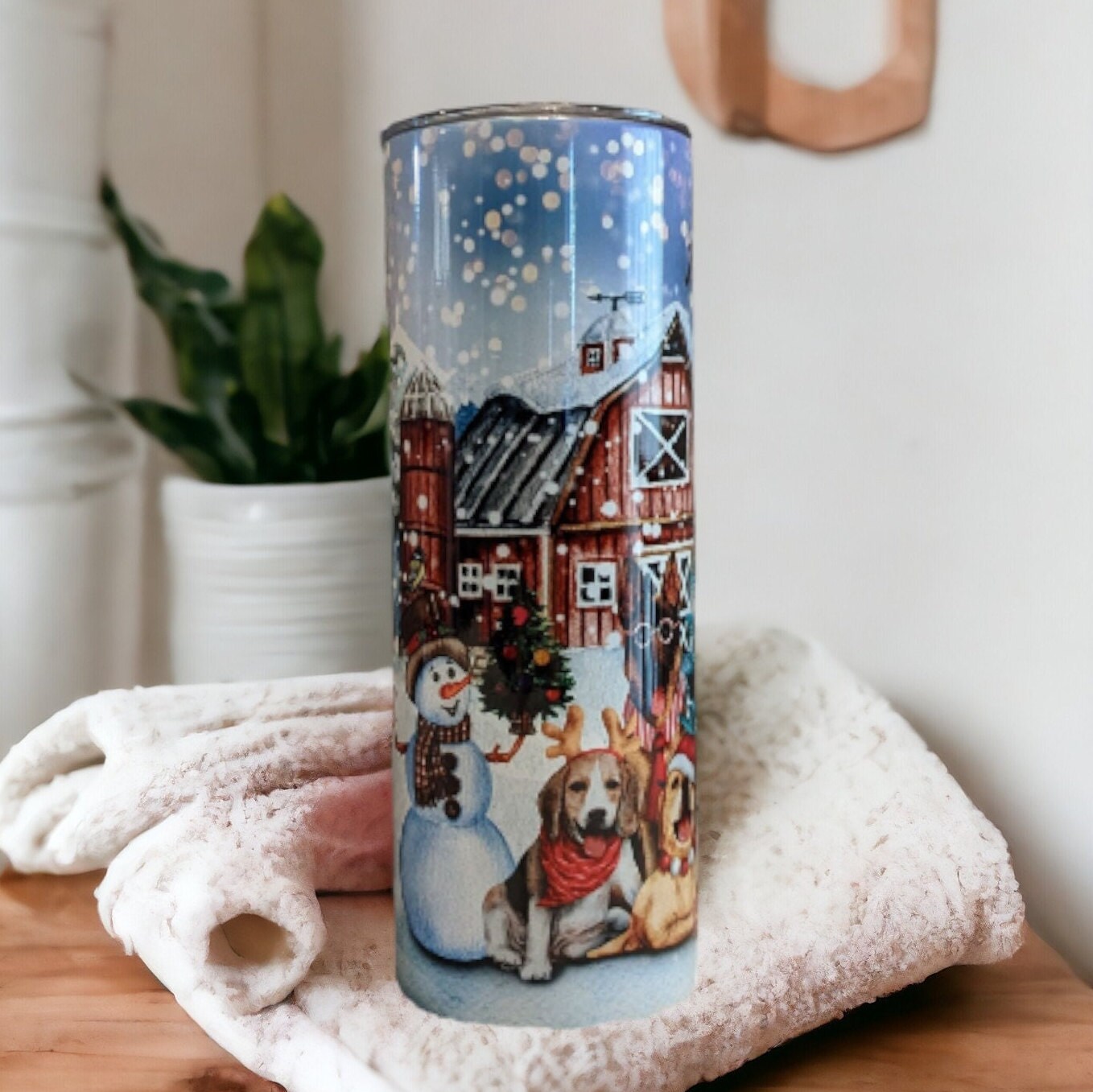Beautiful Winter Scene Dog Tumbler 20oz With Reusable Straw, Can Be Personalized