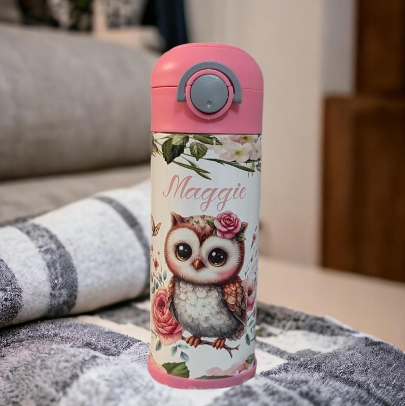 Adorable Kids Owl Water Bottle 12oz With Reusable Straw Can Be Personalized