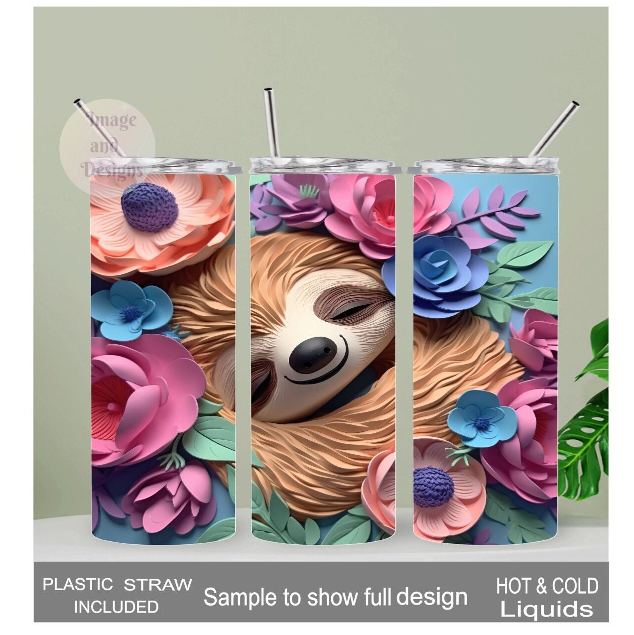 3D Design Sloth Tumbler 20oz With Reusable Straw, Can Be Personalized