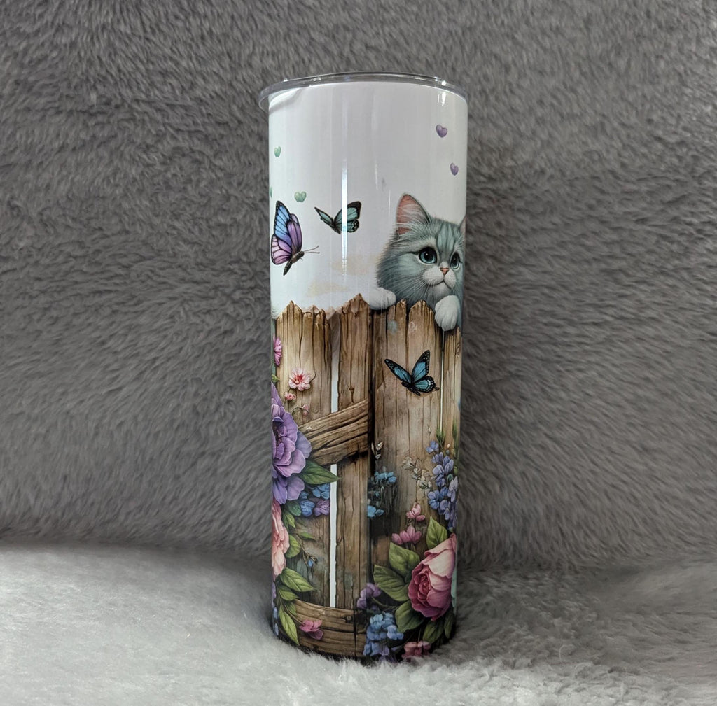 Kitten Tumbler With Cute Kittens Playing by a Fence 20oz With Reusable Straw, Can Be Personalized