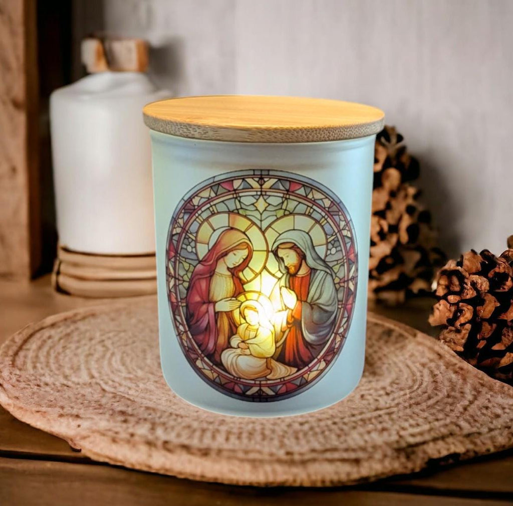 Stained Glass Design Nativity Scene Candle Holder With A Battery Operated Flickering Tea Light