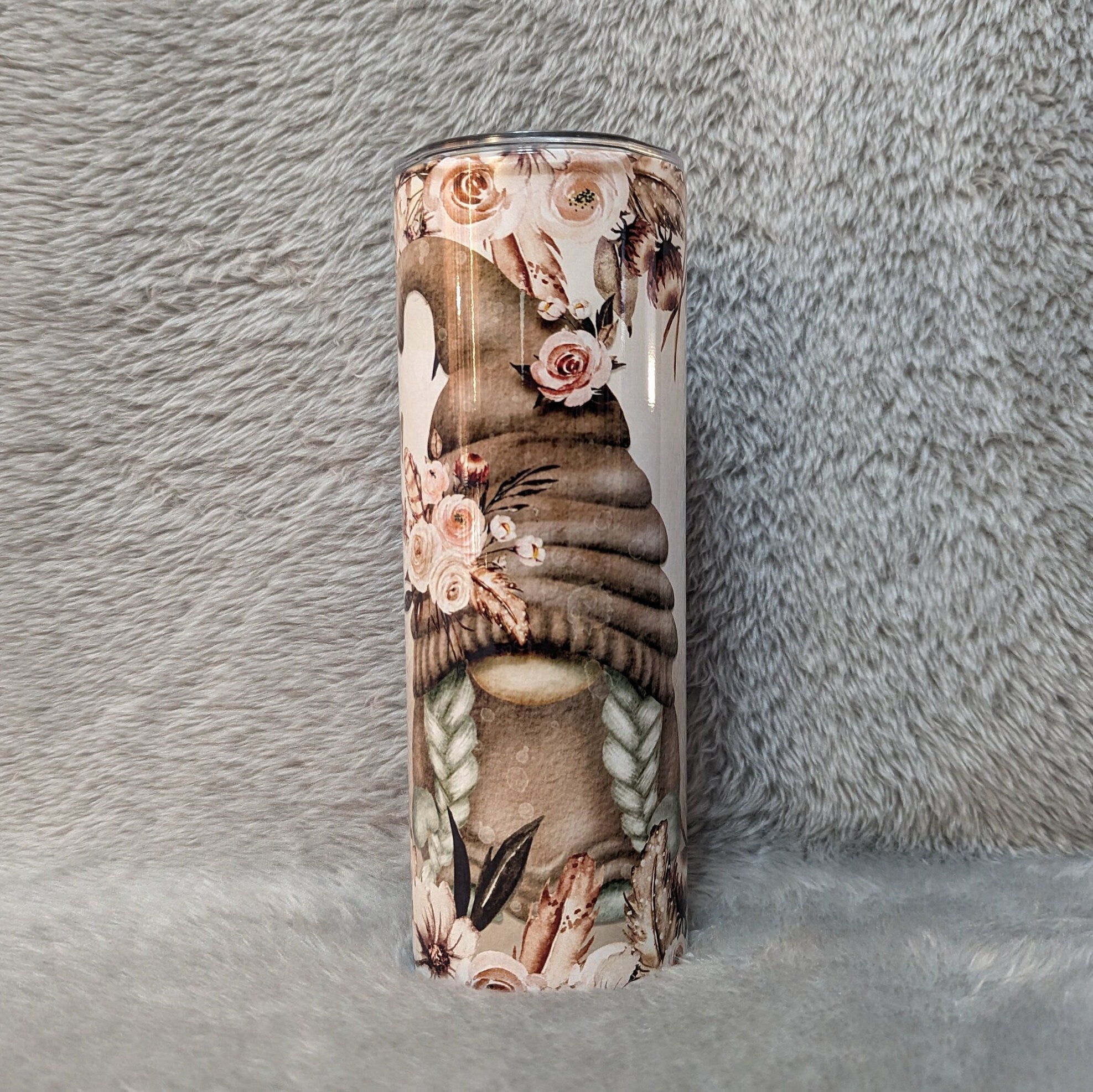 Gnome Tumbler With A Gnome Couple and Flowers 20oz With Reusable Straw, Can Be Personalized
