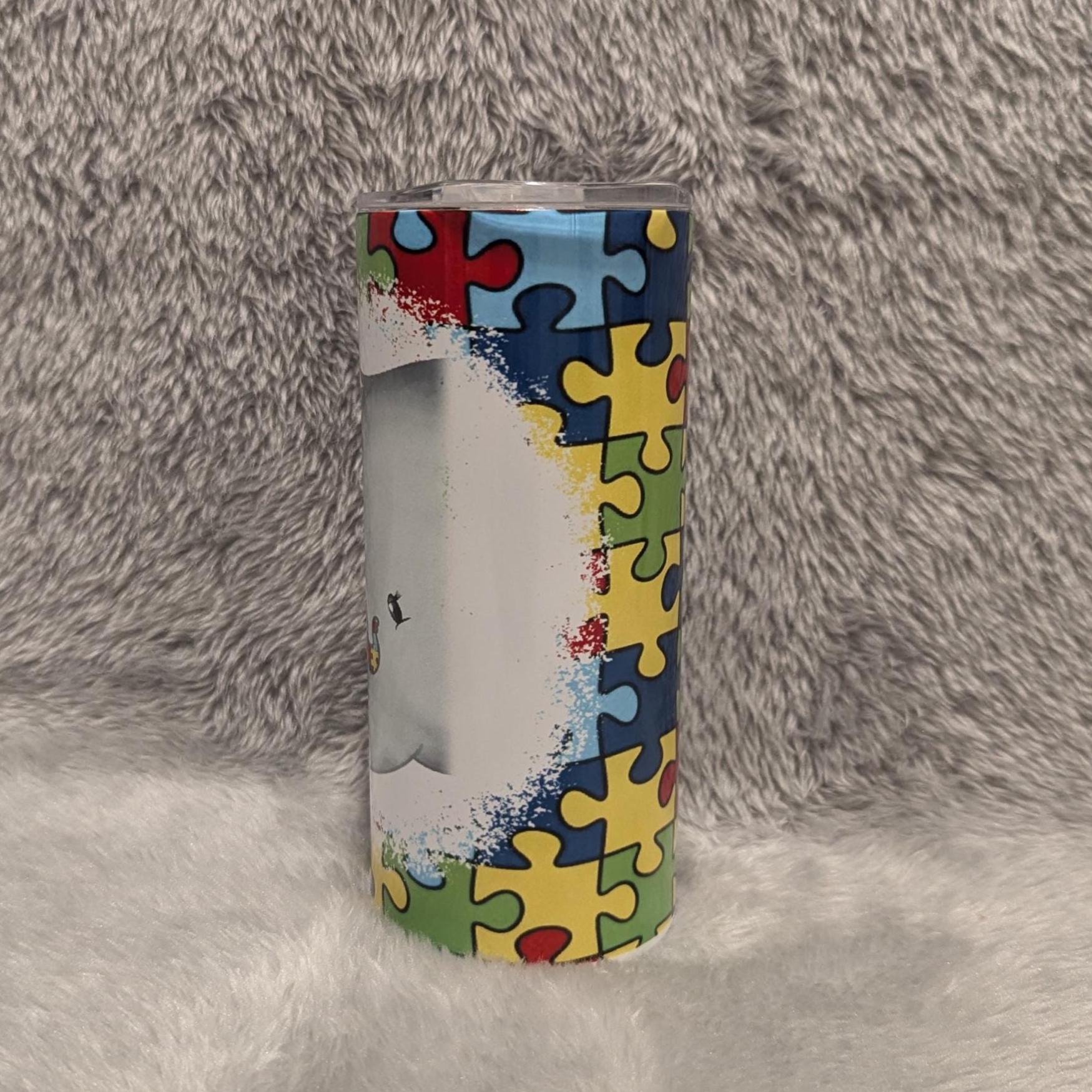 Autism Tumbler With A Cute Elephant 15oz With Reusable Straw, Can Be Personalized