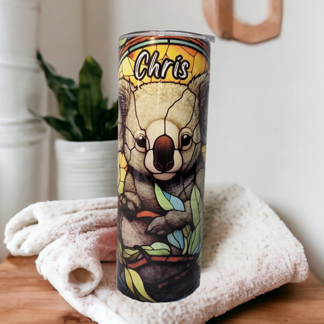 Koala Bear Tumbler With A Stained Glass Design 20oz With Reusable Straw, Can Be Personalized