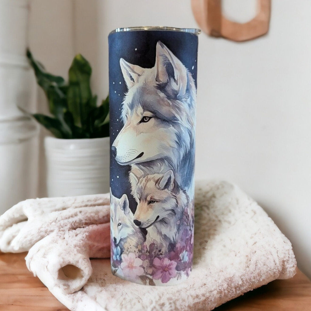 Beautiful Wolf Tumbler With A Wolf and Her Pups 20oz With Reusable Straw, Can Be Personalized