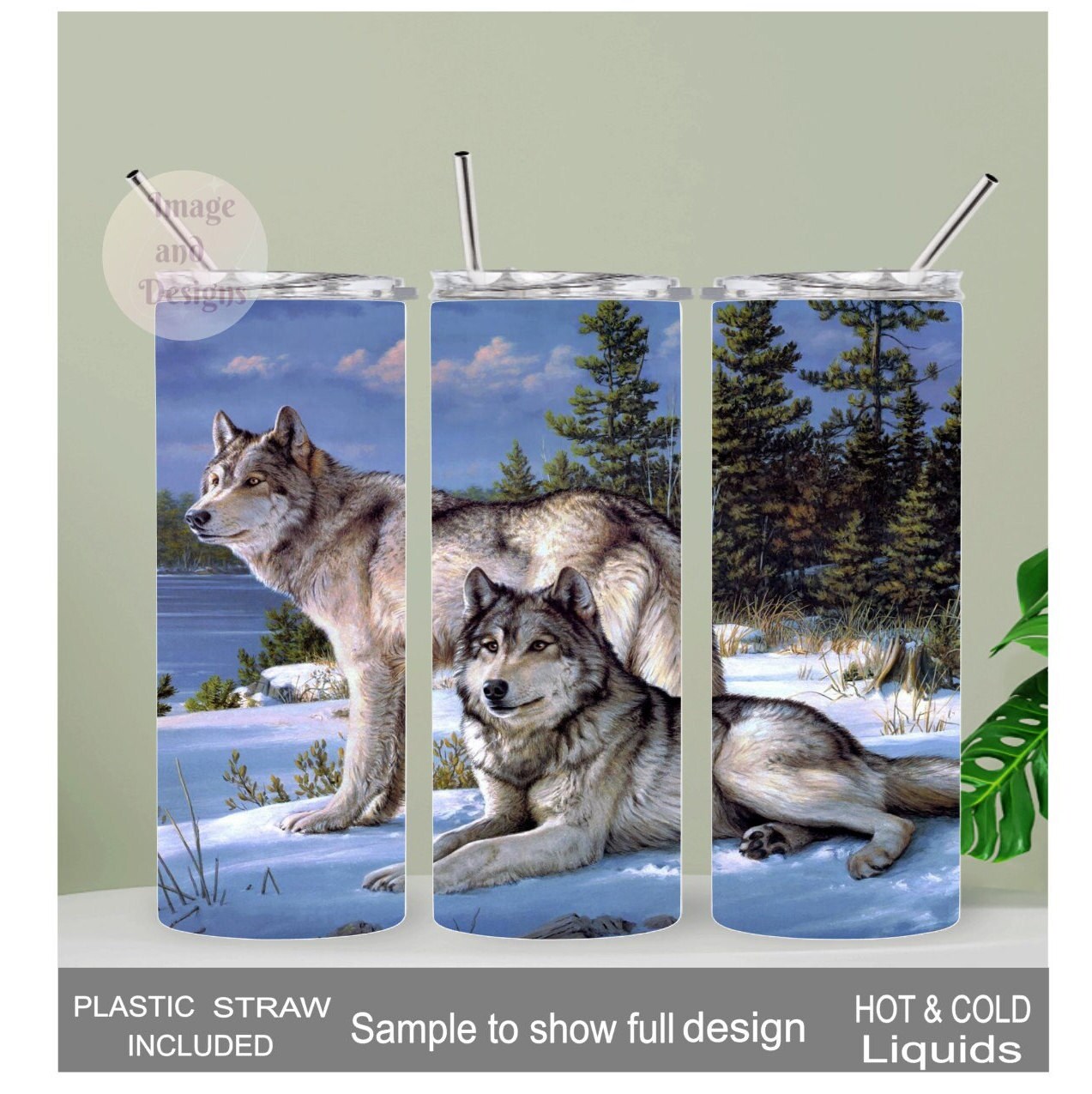 Winter Wolf Tumbler 20oz With Reusable Straw, Can Be Personalized