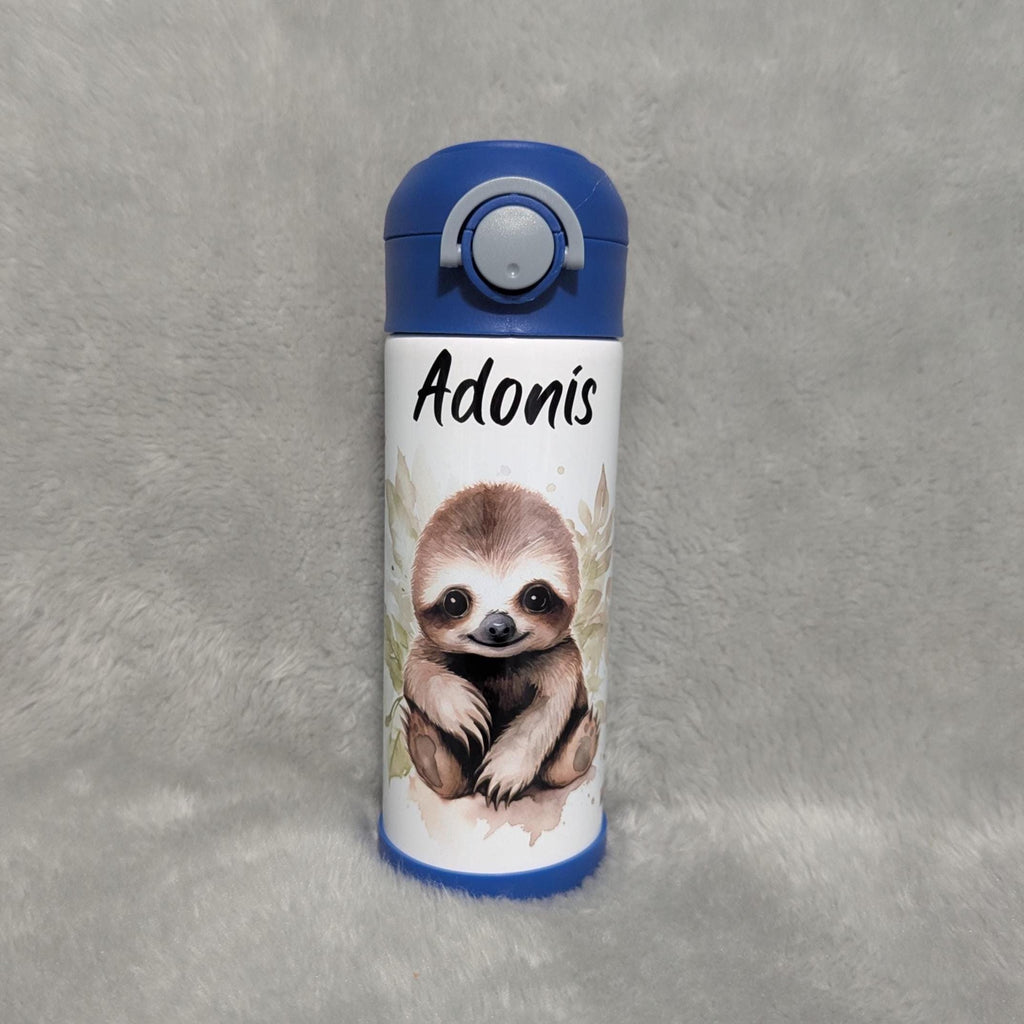 Cute Kids Sloth Water Bottle 12oz With Reusable Straw Can Be Personalized