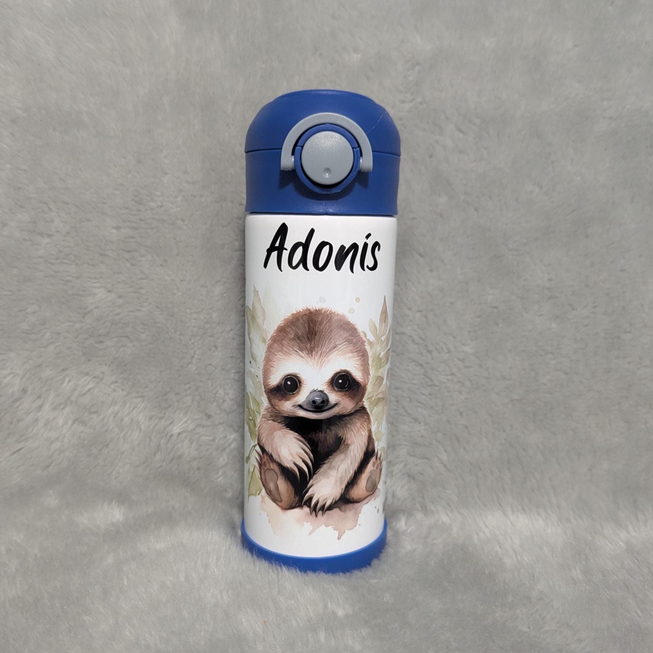 Cute Kids Sloth Water Bottle 12oz With Reusable Straw Can Be Personalized