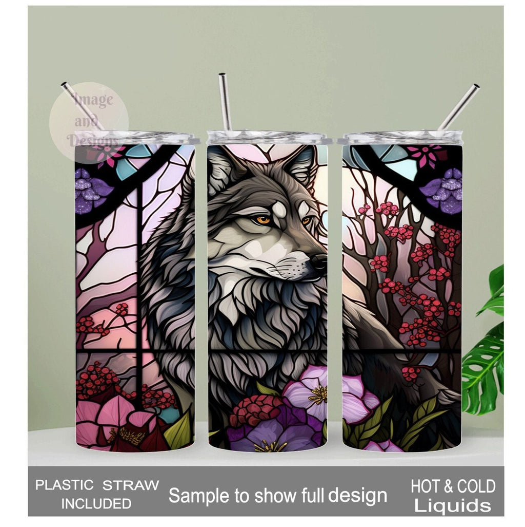 Wolf Tumbler With Flowers and A Stained Glass Design 20oz With Reusable Straw, Can Be Personalized