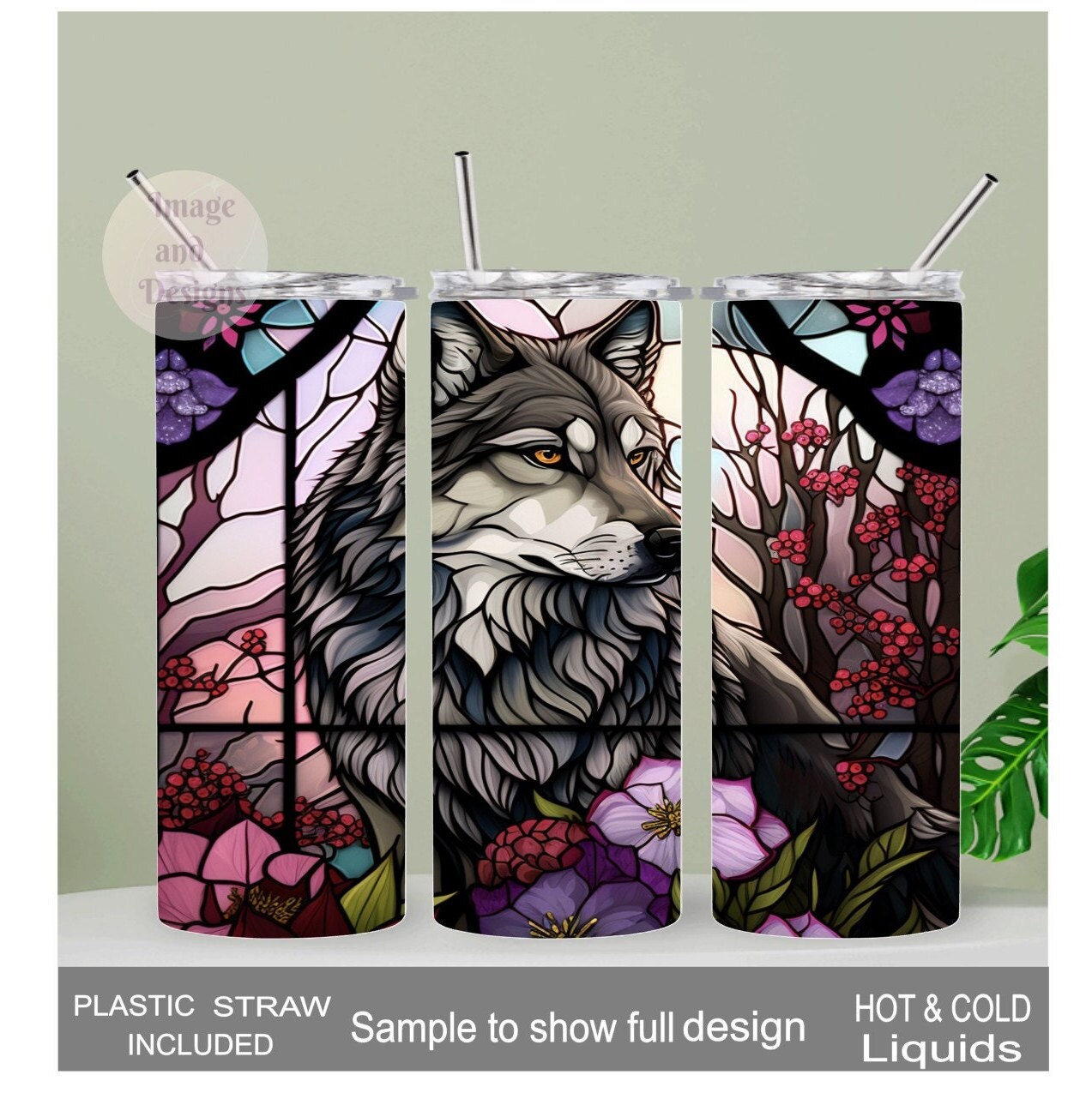Wolf Tumbler With Flowers and A Stained Glass Design 20oz With Reusable Straw, Can Be Personalized