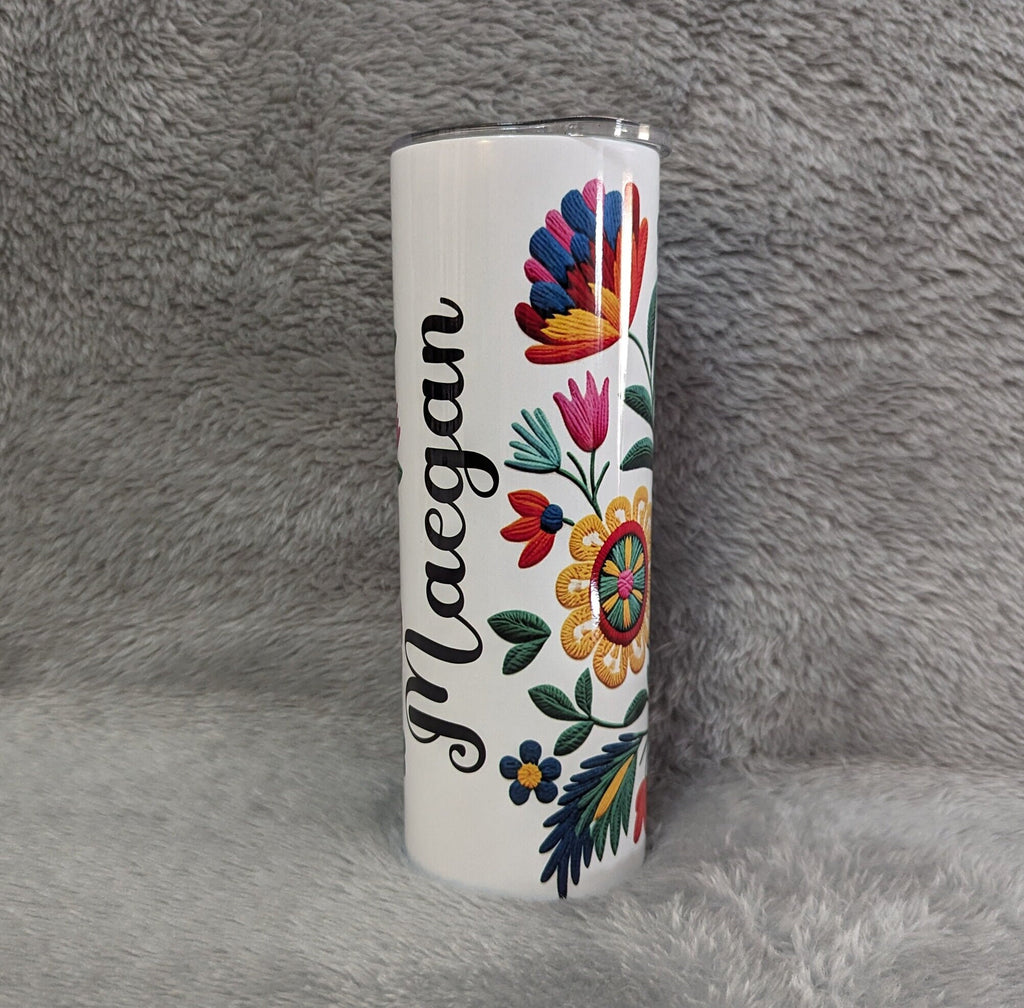 Personalized Flowers Stitch Design Tumbler 20oz Includes Reusable Straw