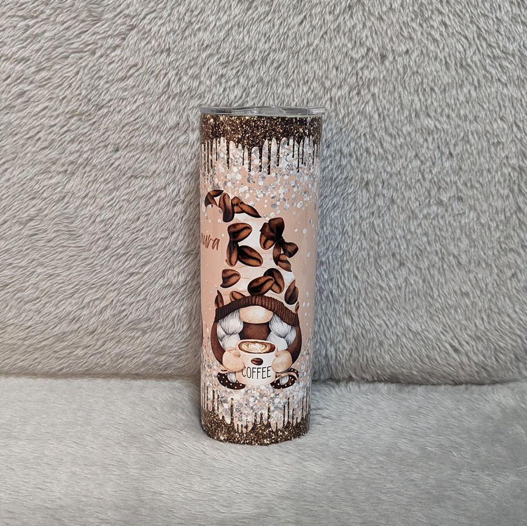 Coffee Gnome Tumbler With A Glitter Drip Design 20oz With Reusable Straw, Can Be Personalized