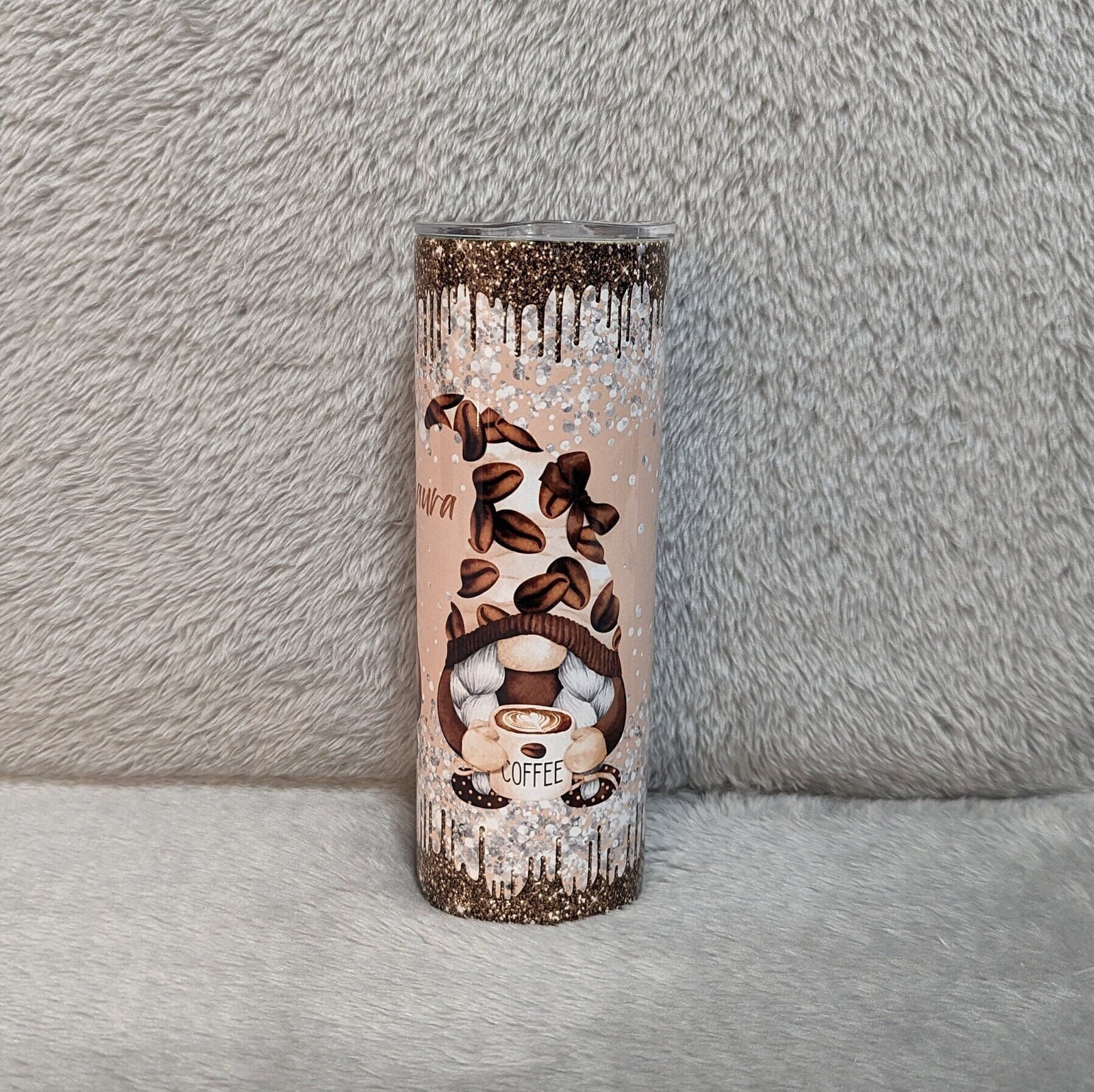 Coffee Gnome Tumbler With A Glitter Drip Design 20oz With Reusable Straw, Can Be Personalized