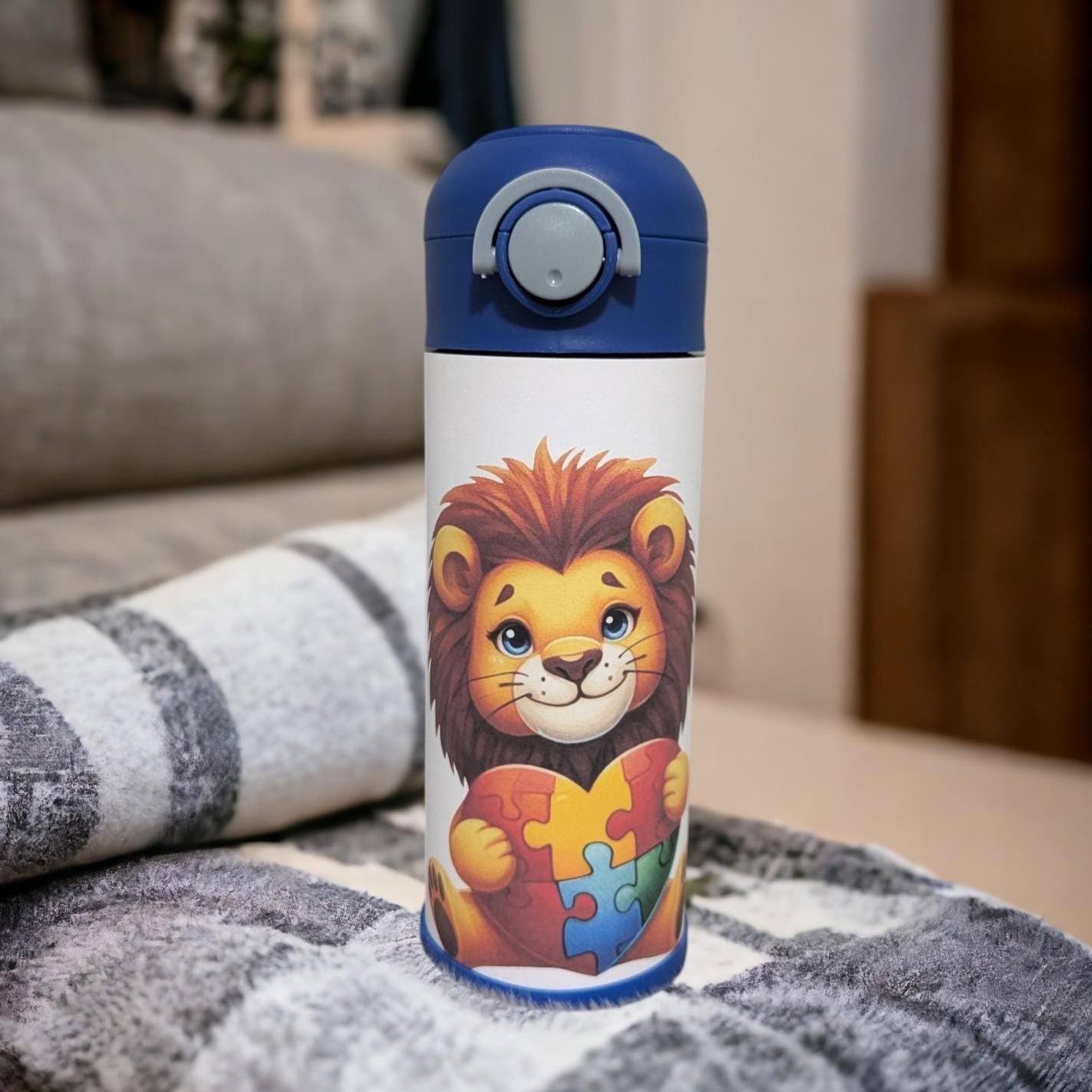 Kids Autism Lion Water Bottle Tumbler 12oz With Reusable Straw, Can Be Personalized