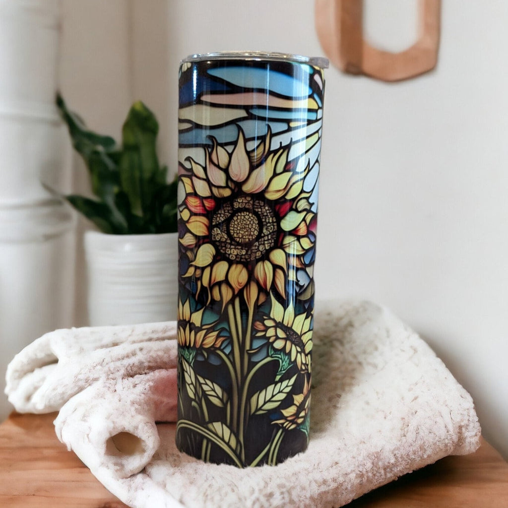 Pretty Sunflower Tumbler With A Stained Glass Design 20oz With Reusable Straw