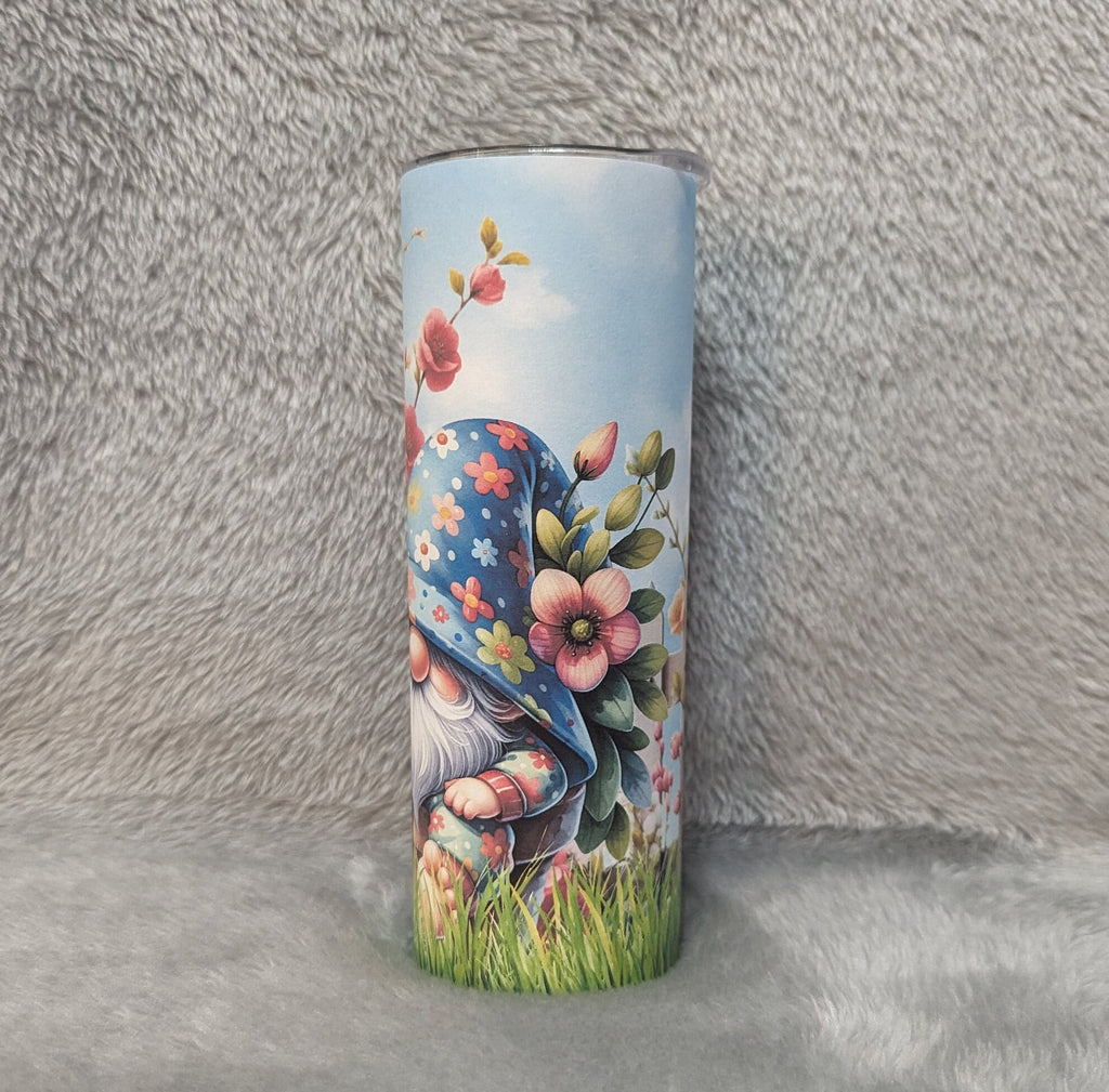 Gnome Tumbler With Pretty Flowers 20oz With Reusable Straw, Can Be Personalized