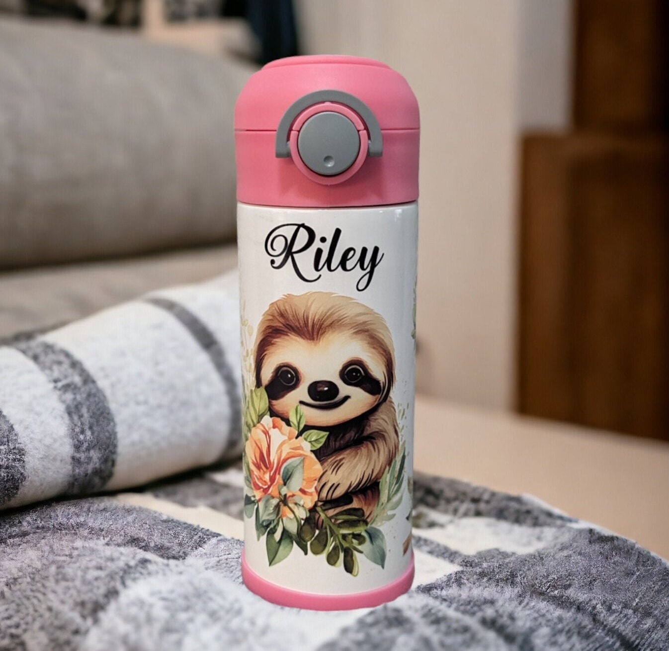 Adorable Sloth Water Bottle for Kids 12oz With Reusable Straw Can Be Personalized