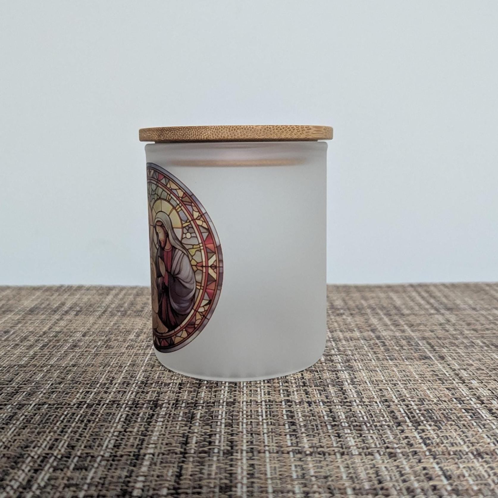 Stained Glass Design Nativity Scene Candle Holder With A Battery Operated Flickering Tea Light