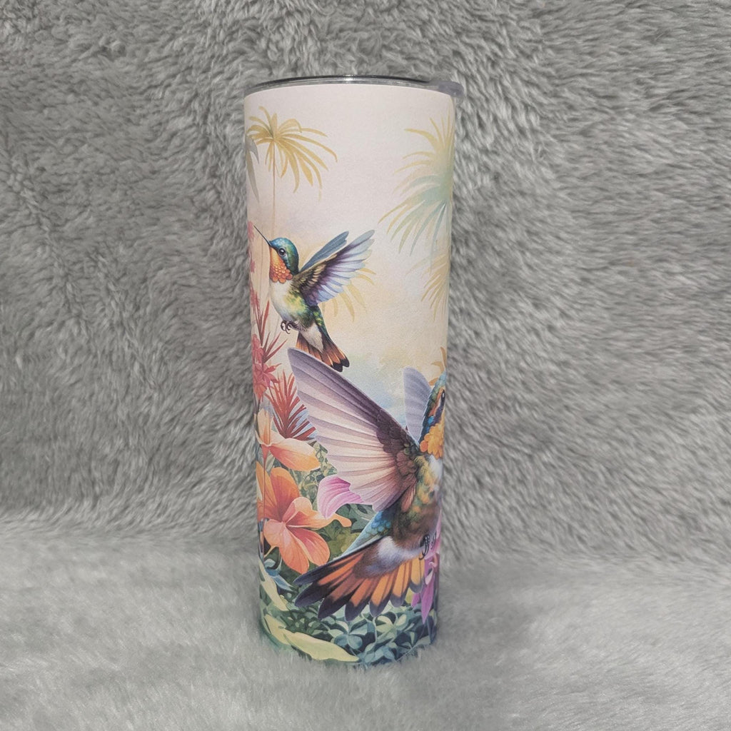 Colorful Hummingbird with Tropical Flowers Tumbler 20oz With Reusable Straw, Can Be Personalized