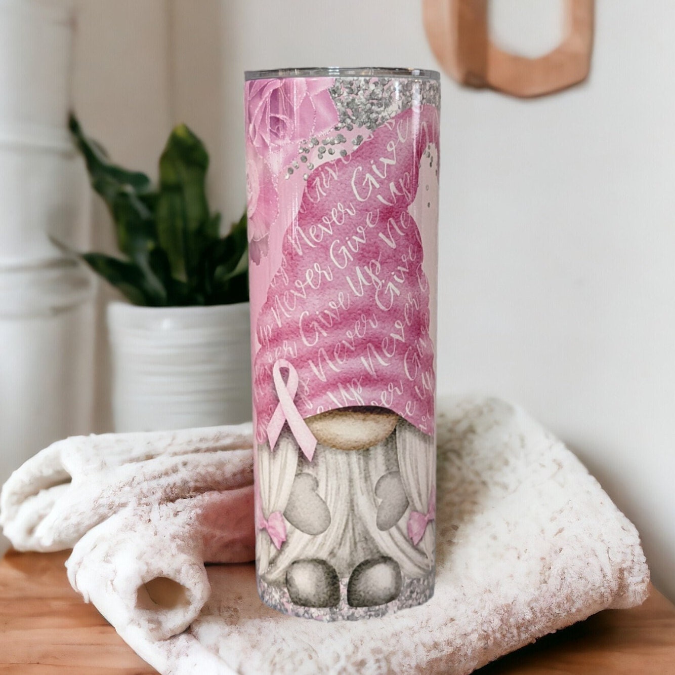 Cancer Awareness Gnome Tumbler 20oz With Reusable Straw, Can Be Personalized