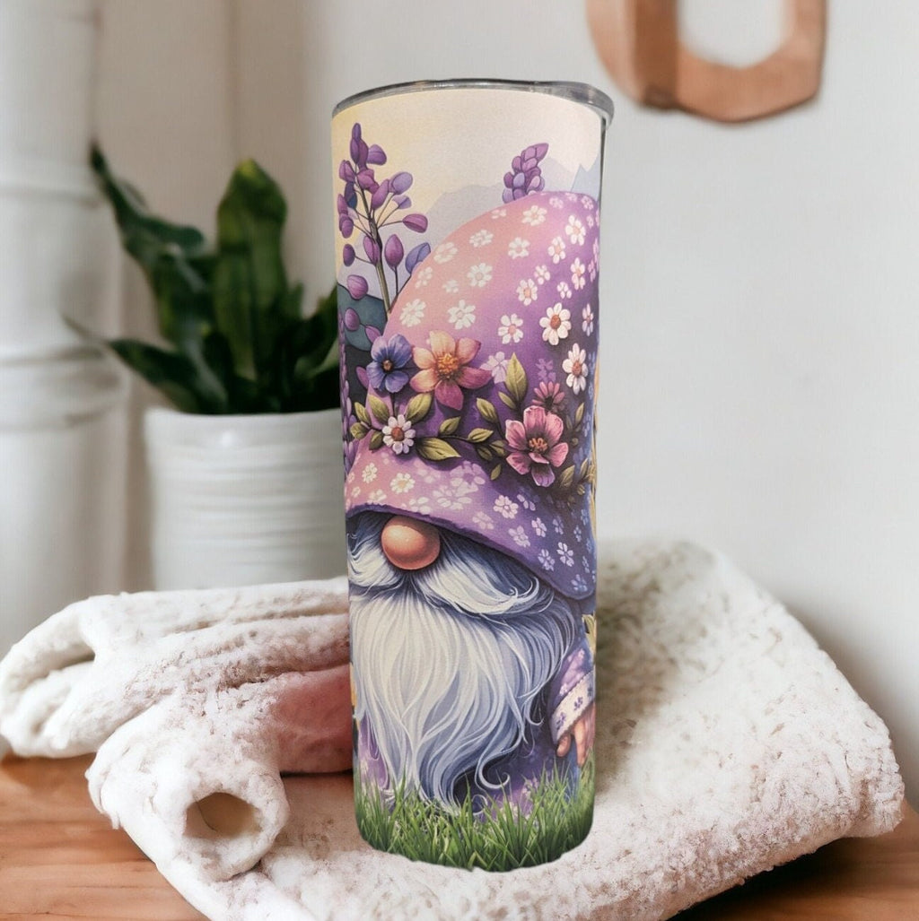 Lavender Flower Gnome Tumbler 20oz With Reusable Straw, Can Be Personalized