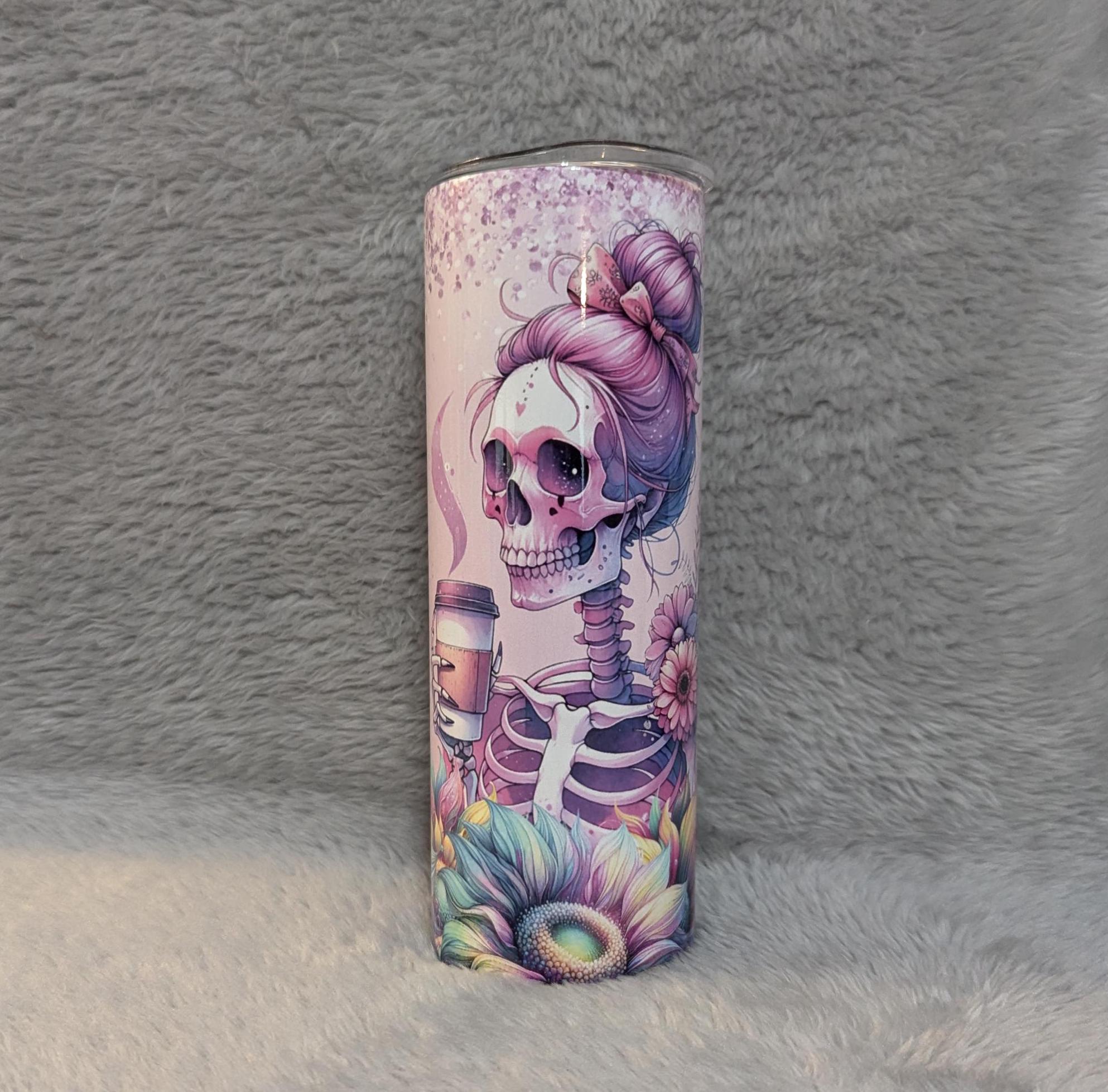 Mama Needs Her Coffee Skeleton Girl Tumbler With A Glitter Design 20oz With Reusable Straw, Can Be Personalized