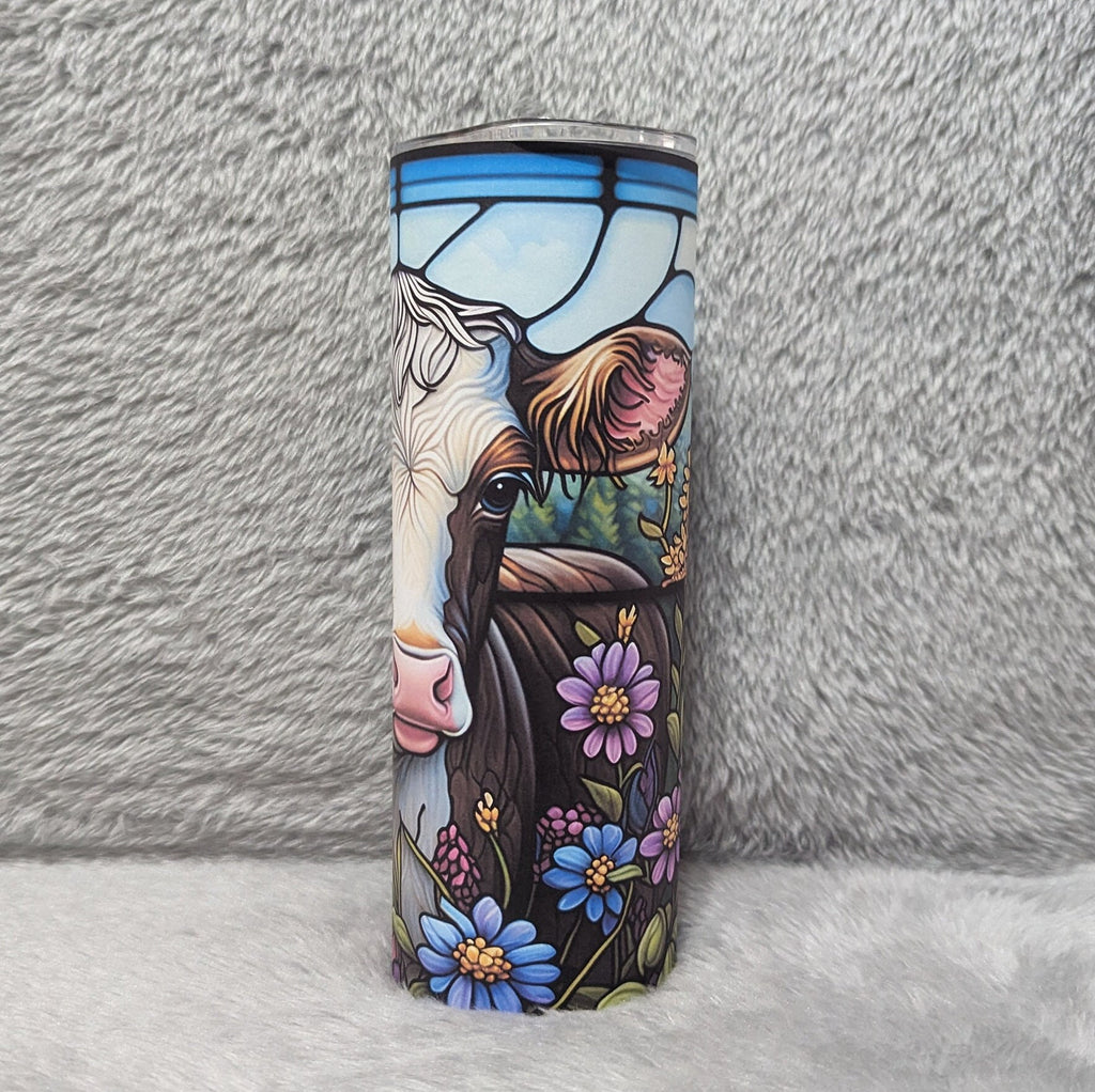 Beautiful Cow Tumbler with A Stunning Stained Glass Design 20oz With Reusable Straw, Can Be Personalized