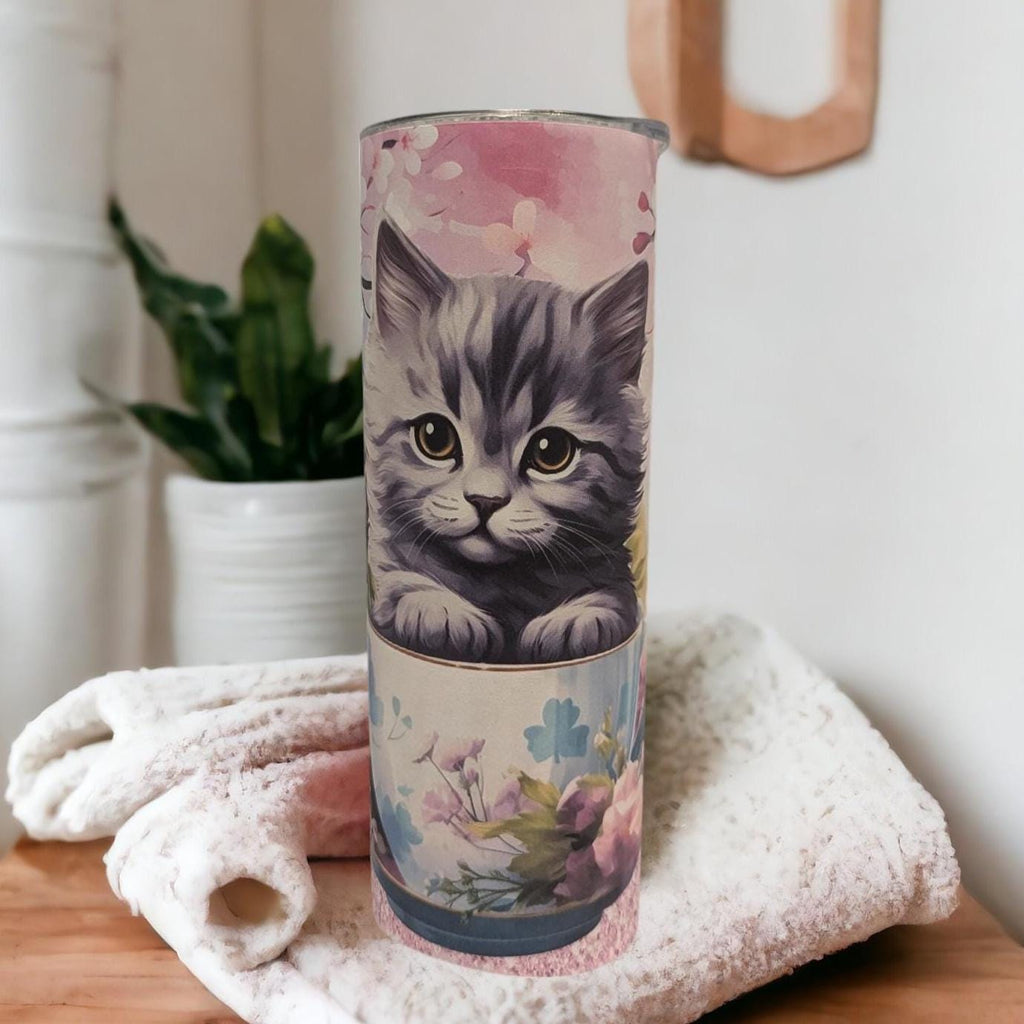 Teacup Kitten/Cat Tumbler 20oz With Reusable Straw, Can Be Personalized