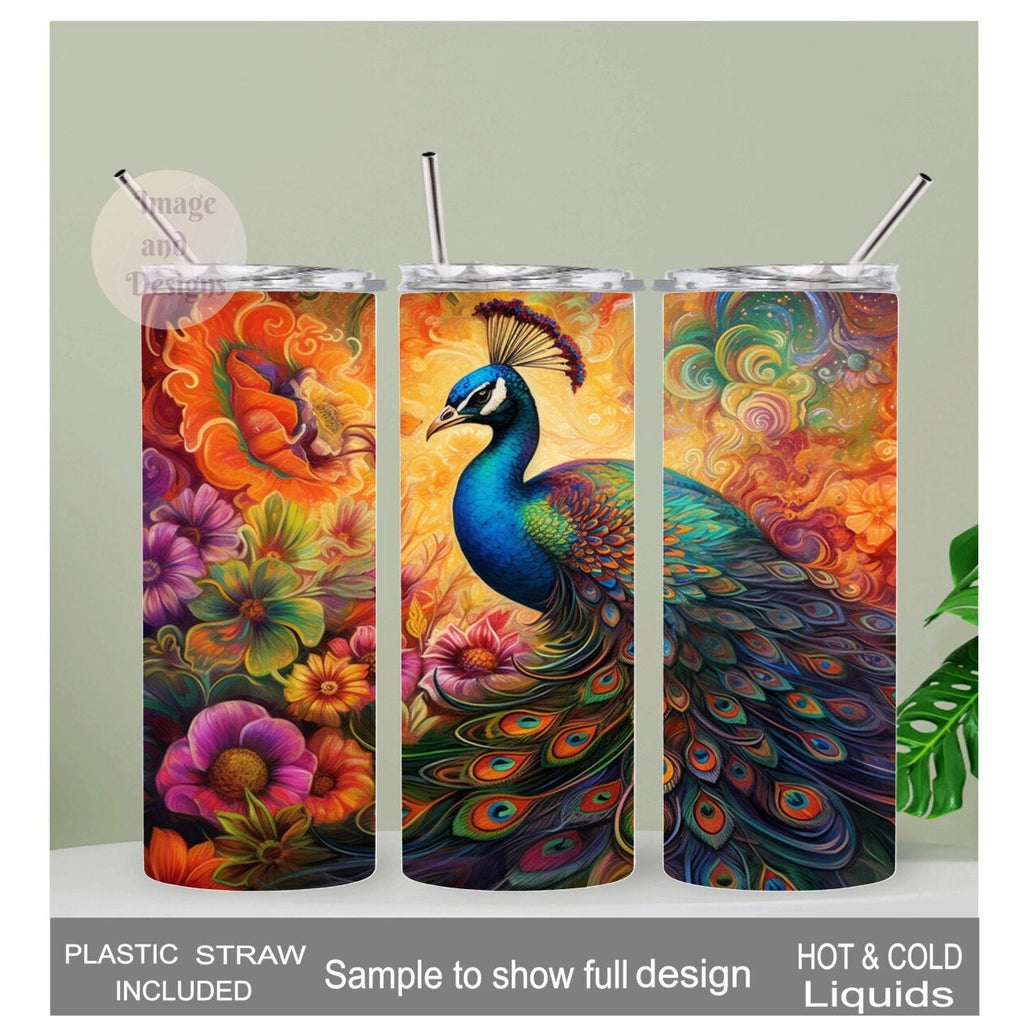 Elegant Peacock Tumbler 20oz With Reusable Straw, Can Be Personalized