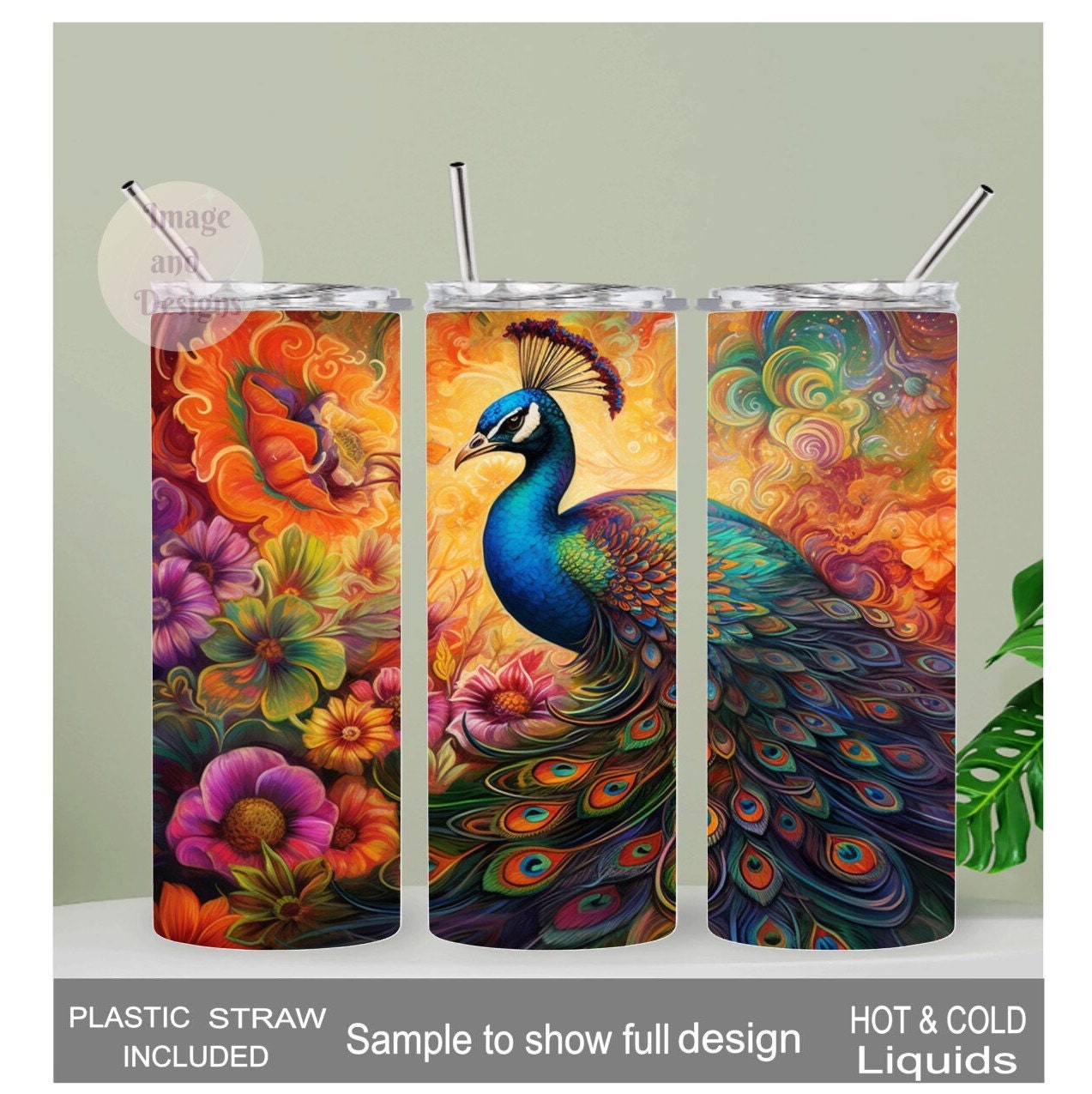 Elegant Peacock Tumbler 20oz With Reusable Straw, Can Be Personalized