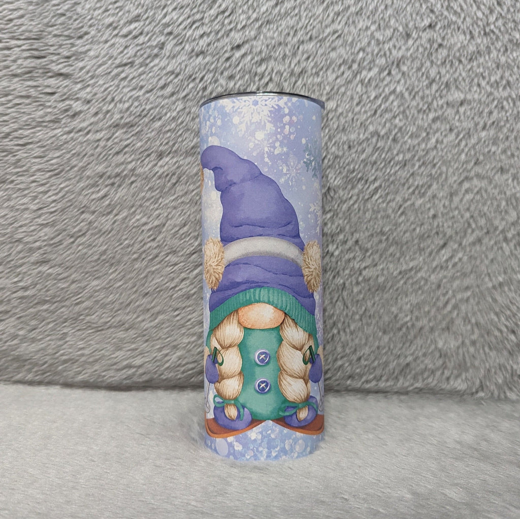 Girl Gnome Skiing Tumbler 20oz With Reusable Straw, Can Be Personalized