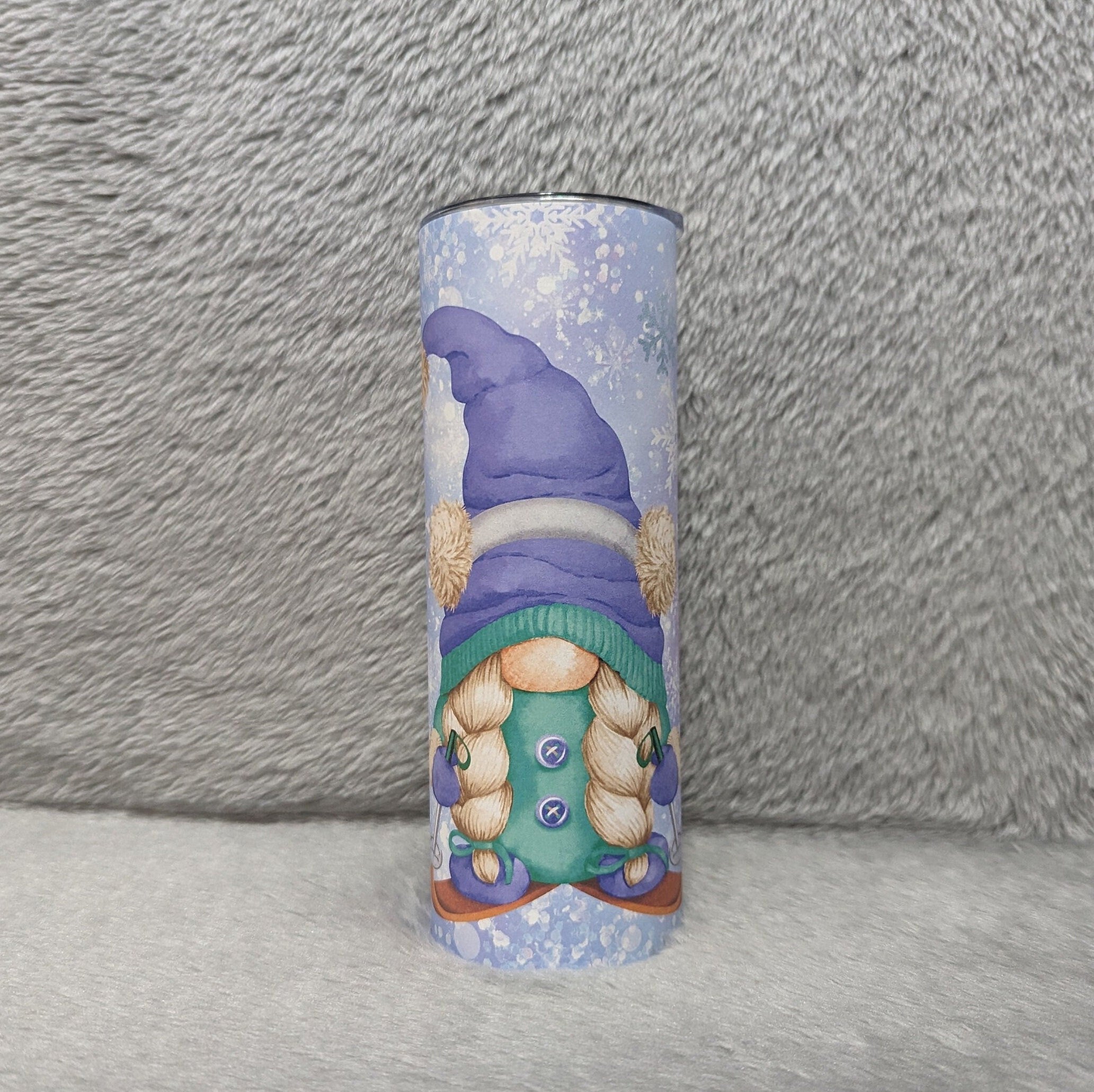 Girl Gnome Skiing Tumbler 20oz With Reusable Straw, Can Be Personalized