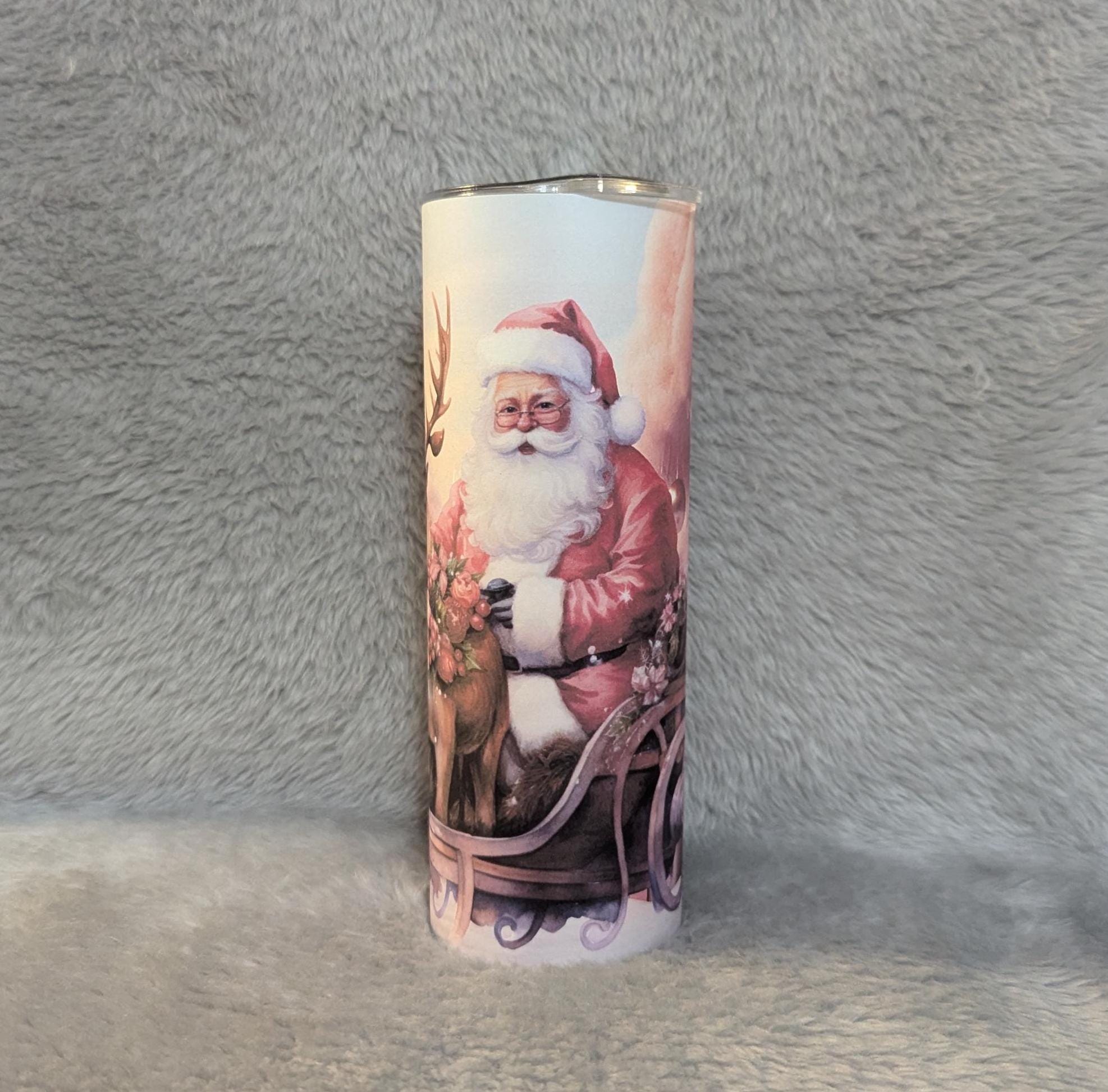 Pink Santa Christmas Tumbler 20oz With Reusable Straw, Can Be Personalized