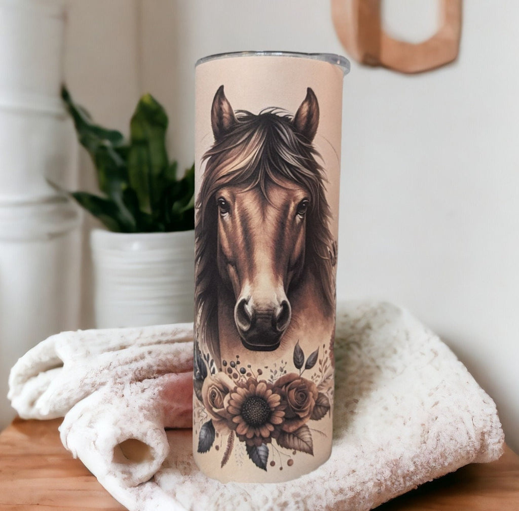 Floral Boho Horse Tumbler 20oz With Reusable Straw, Can Be Personalized