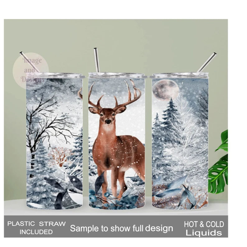 Deer In The Snow Winter Theme Tumbler 20oz With Reusable Straw, Can Be Personalized