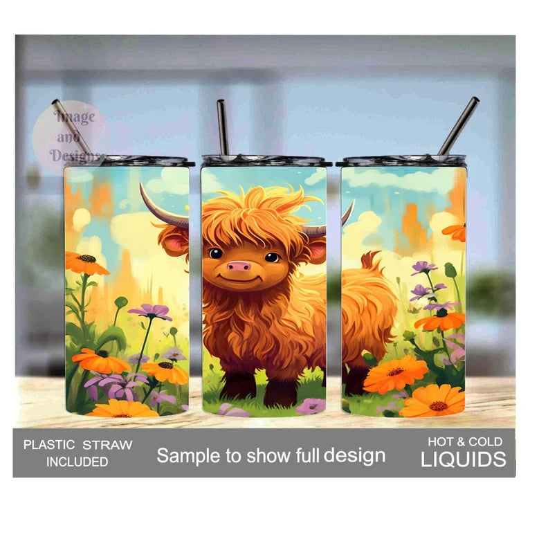Kids Highland Cow Tumbler 15oz With Reusable Straw, Can Be Personalized