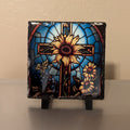 Floral Slate Cross Picture With Display Legs